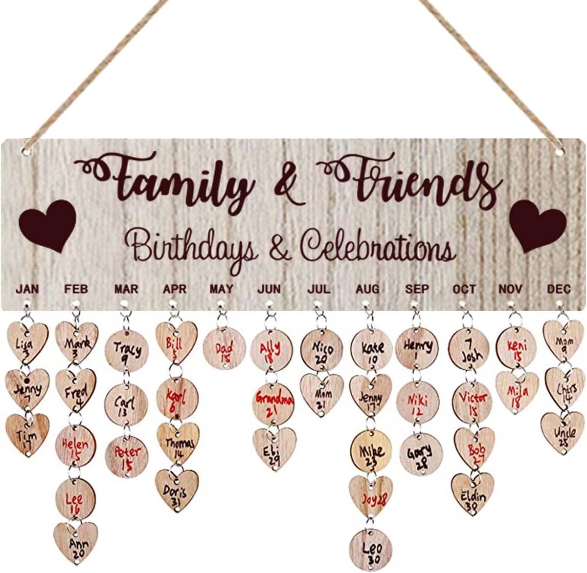 Familie & Friend Houten wandkalender, 40 cm, herinneringscadeau voor huisdecoratie, verjaardagsfeest, geheugenbord (Family & Friend)