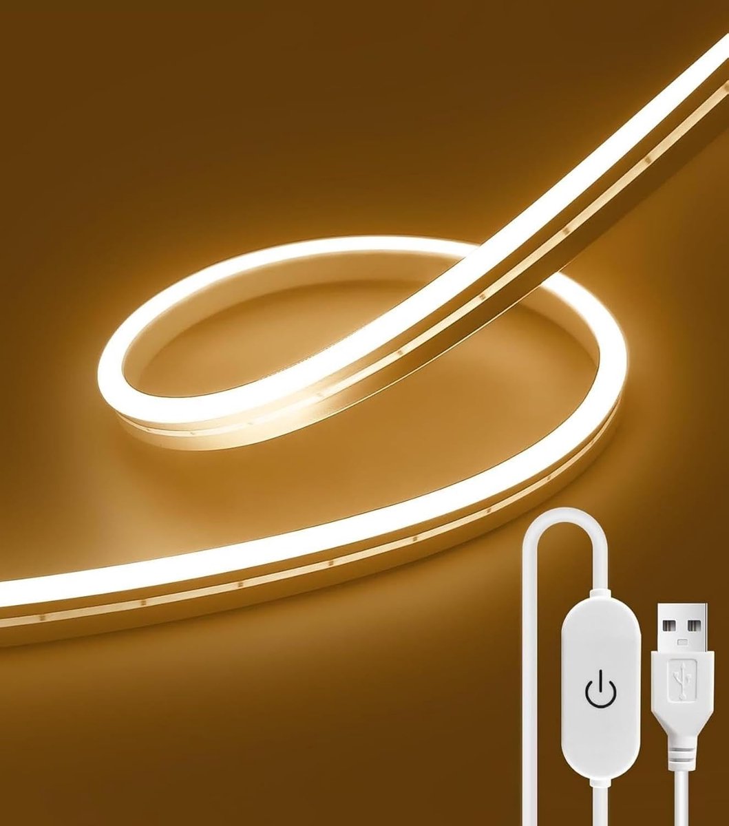 LED Strip 2 Meter Warm Wit, 3000K 5V ledstrip USB Voeding, Buiten LED Strip met IP67 Waterdicht en Dimmer voor Keuken, Garderobe, Spiegel, Home Decoratie