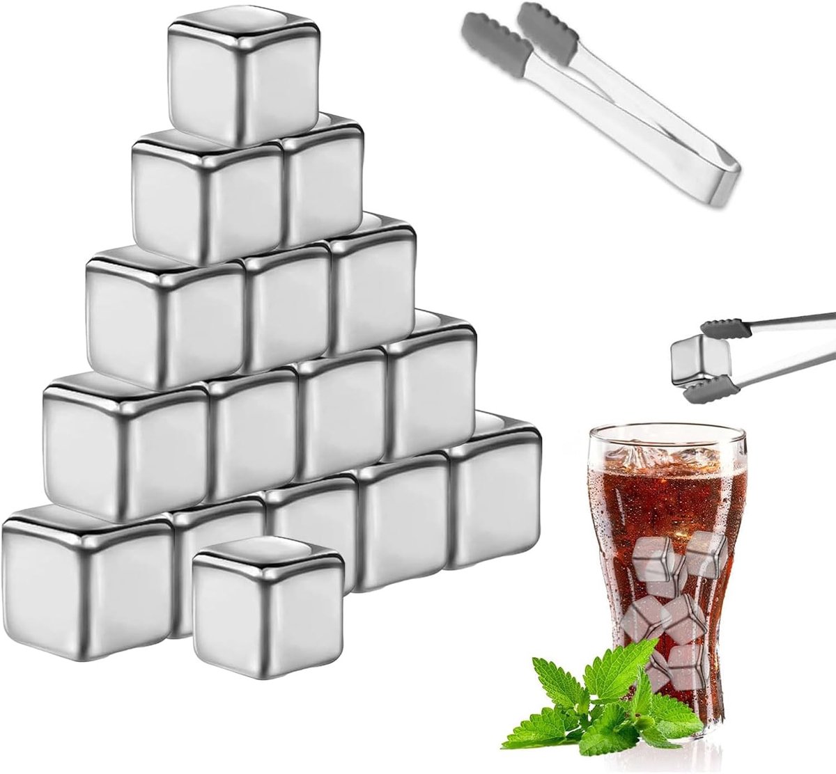 16 ijsblokjes van roestvrij staal, ijsblokjes van staal met 1 tang, herbruikbaar, koelsteen voor whisky, cocktails, wijn, dranksap of limonade
