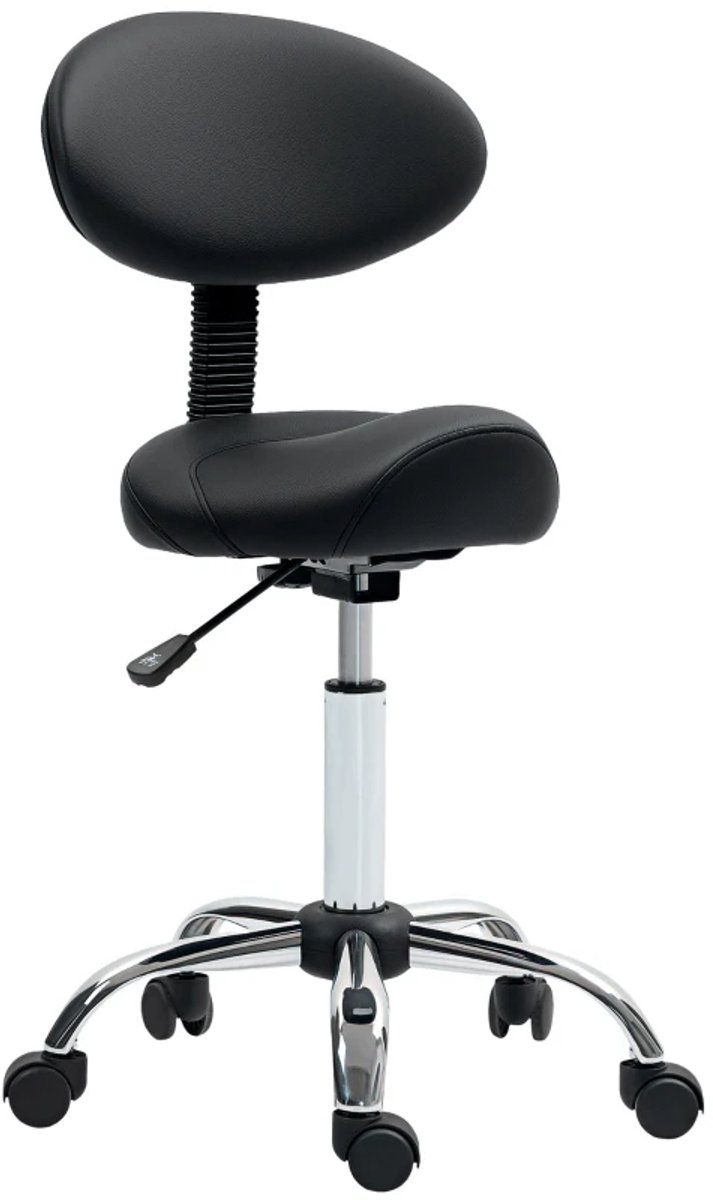 Zadelkruk op Wielen - Kapperskruk met Rugleuning - Tabouret - 360° Draaibaar - In Hoogte Verstelbaar - Salonstoel - Kruk Stoel - Werkkruk - voor Kantoor, Salon, Massage, Spa - Zwart