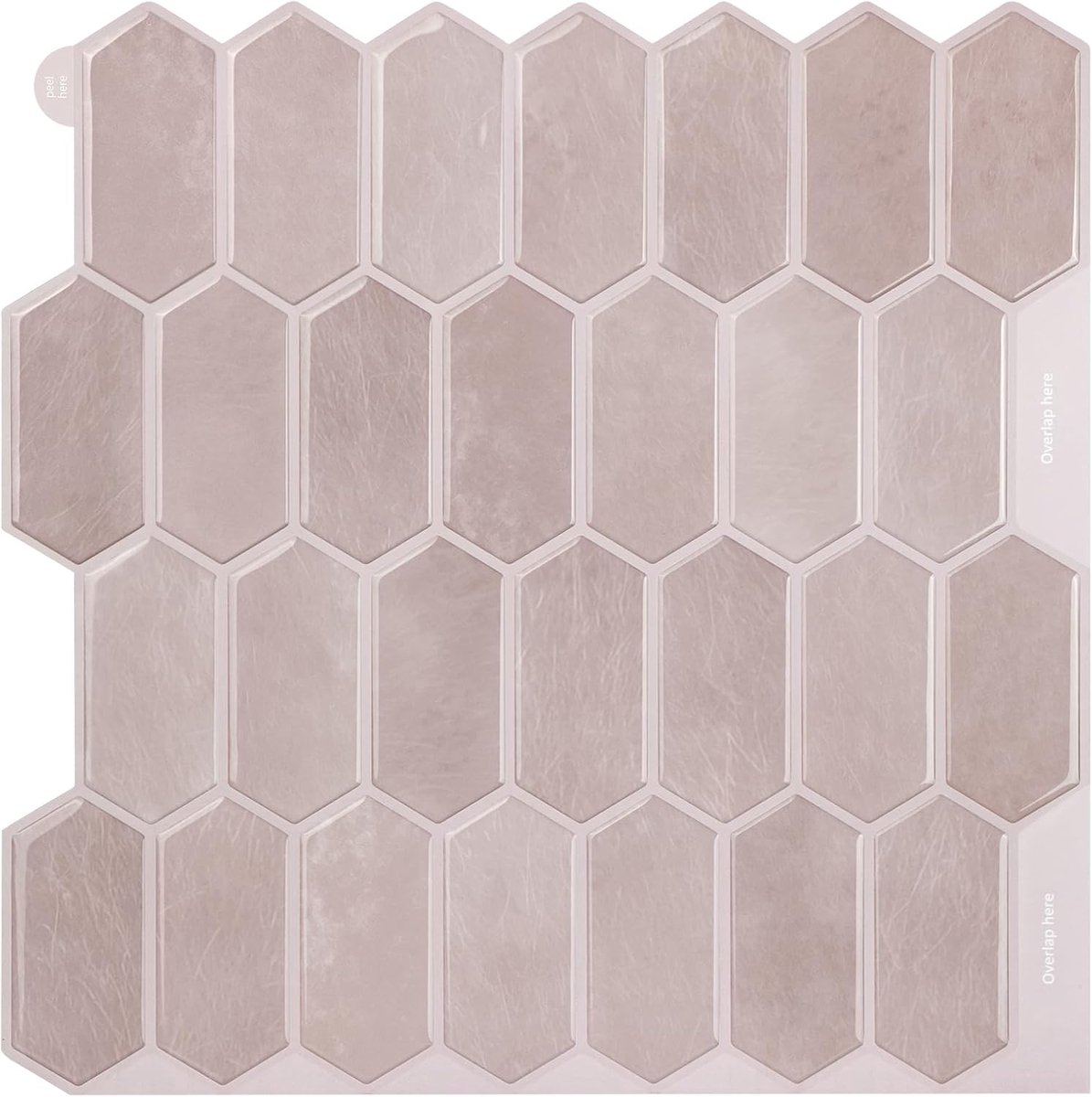 3D Diamantstickers, 10 vellen, pel-en-plakken, wandtegels, lange zeshoekige zelfklevende muurtegels, voor keuken en badkamer, 30,5 x 30,5 cm