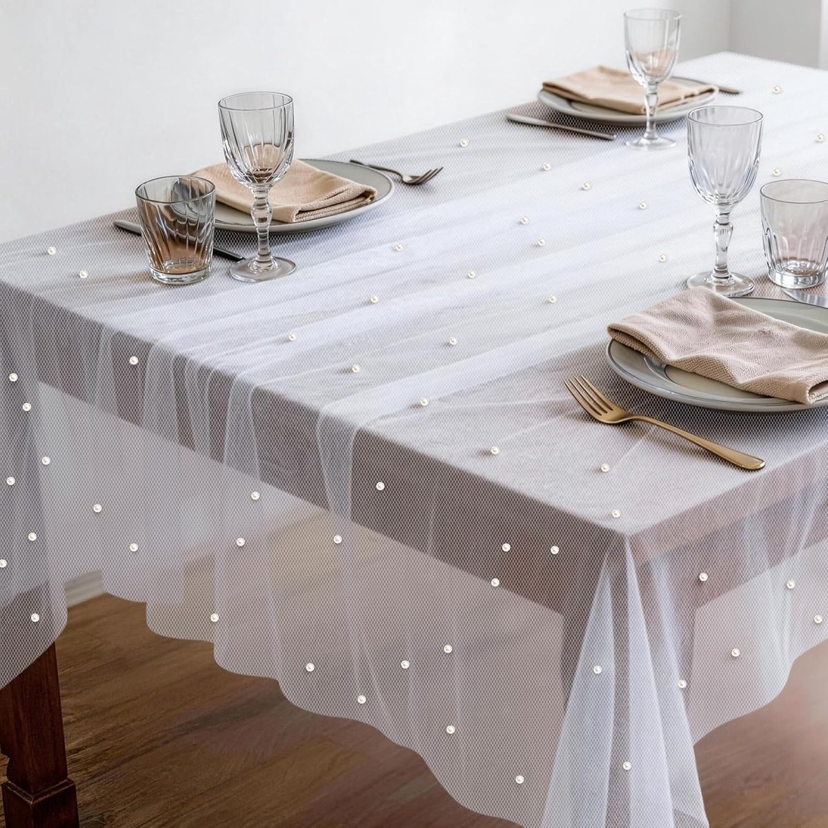 Tafelloper tule met parels, 150 x 210 cm, parelkant, organza stof, tafelkleed, tule stof, tafelband, tafeldecoratie voor bruiloft, bruidsfeest, verjaardagsfeest, bruiloftsboog, keuken (A)