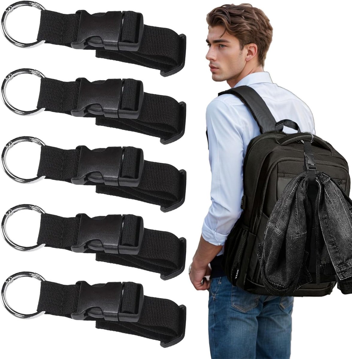Bagageriemen, verstelbare kofferriemen, bagagehaak, bevrijd je handen, reisaccessoires, wordt gebruikt om jassen, koffers of rugzakken te bevestigen, zwart