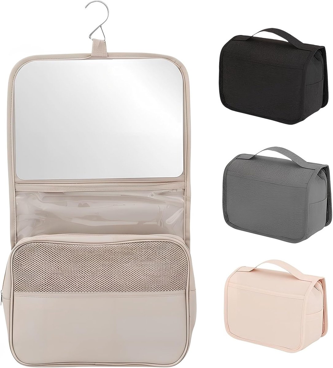 Toilettas voor op reis met spiegel, reis-make-uptas voor dames en heren, grote toilettas om op te hangen, waterdichte toilettas, 25 x 11 x 20 cm, Beige, 25*11*20cm, Klassiek