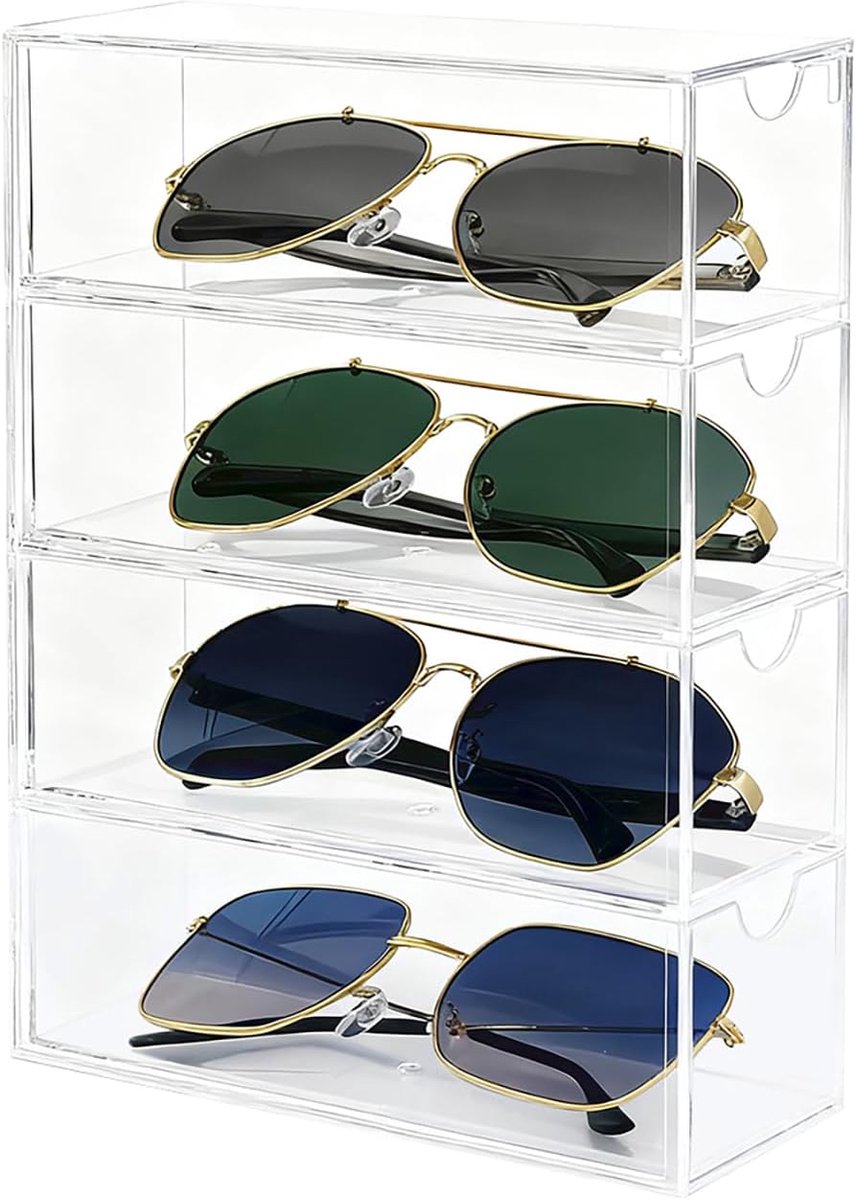 Zonnebrillenorganizer met vier lades van acryl | Transparant brillenmontuur, brillendisplaydoos, stapelbare zonnebrillenorganizer, unisex, geschikt voor het opbergen van brillen, sieraden en horloges.