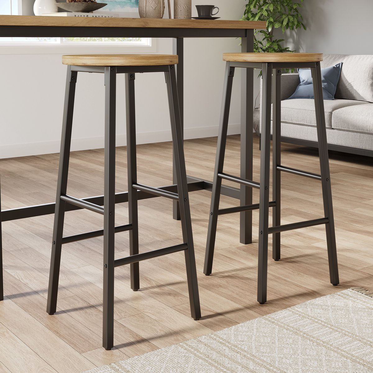 MODENUIT Barkruk Set van 2 - 70 cm - Met Twee Voetsteunen En Verstelbare Voeten - Voor Keuken En Bar - MDF - Zwart