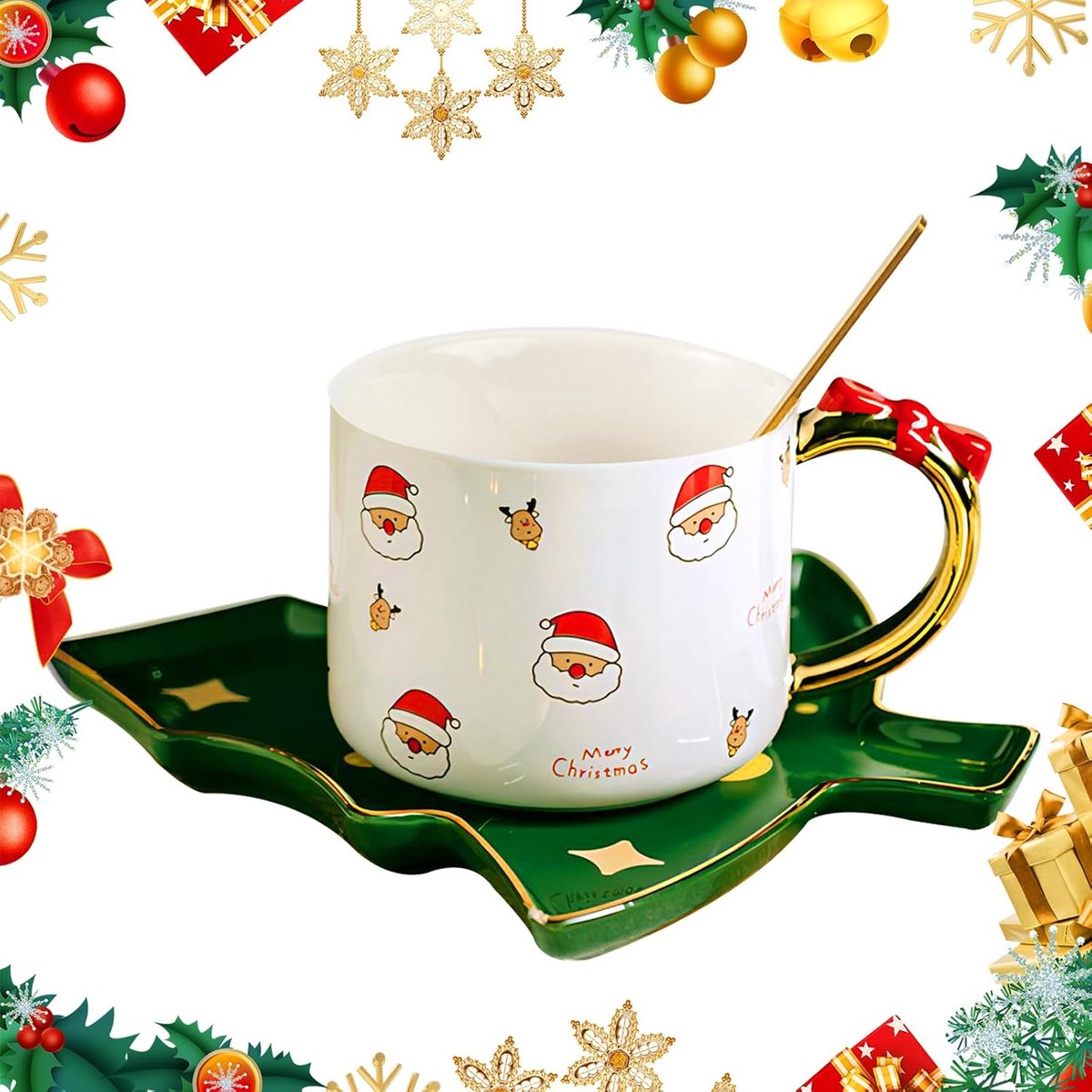 1 set kerst keramische beker, kerst koffiemok, mok beker met deksel en lepel, Kerstmis voor vrouwen mannen meisjes jongens, Kerstmis koffiekopjes geschikt voor kantoor en thuis (Santa)