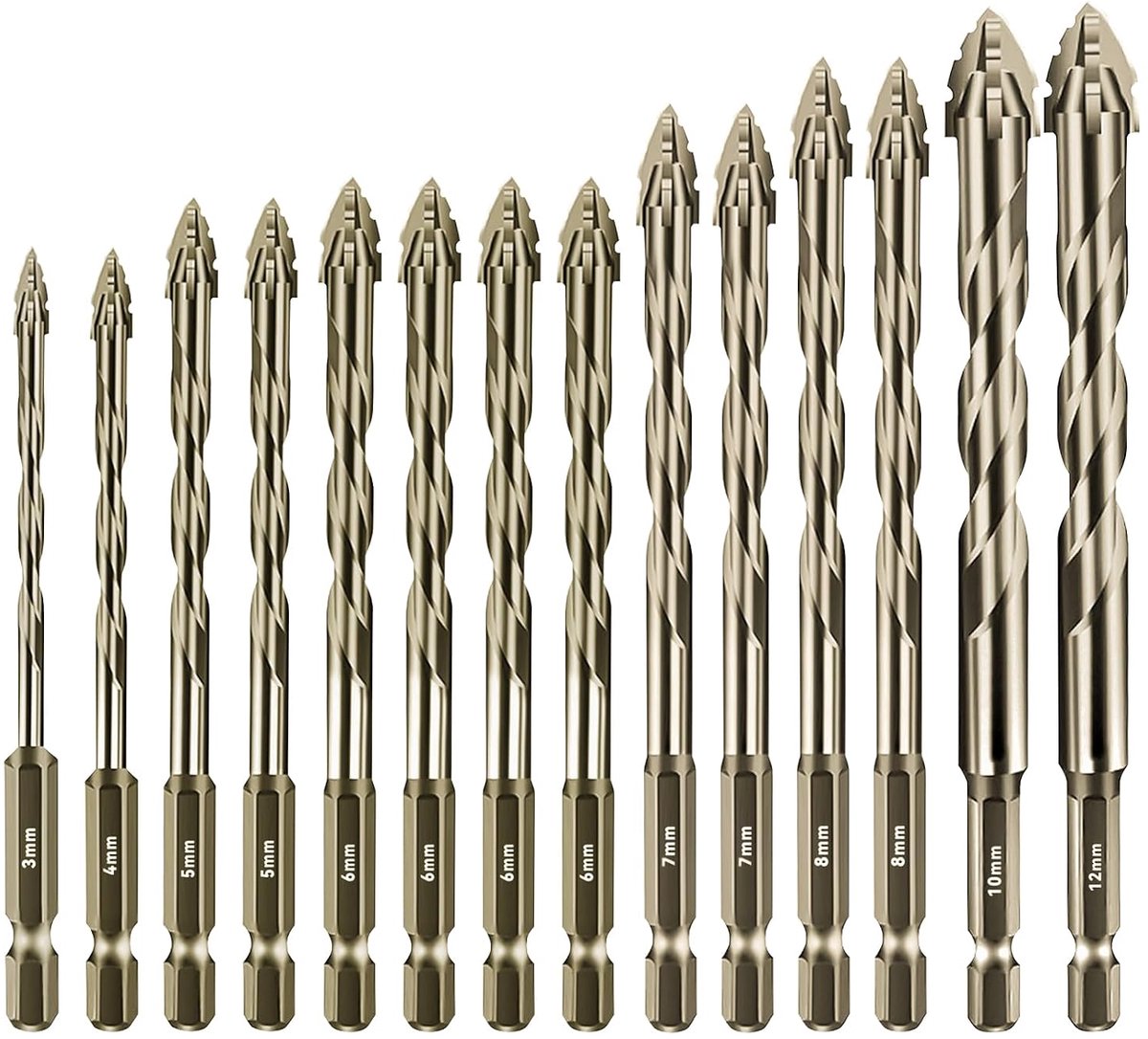14-delig, tegelboor, betonboor, glasboor, metaalboor van wolfraamstaal, universele boor (goudgeel, 3 + 4 + 2 x 5 + 4 x 6 + 2 x 7 + 2 x 8 + 10 + 12 (mm)