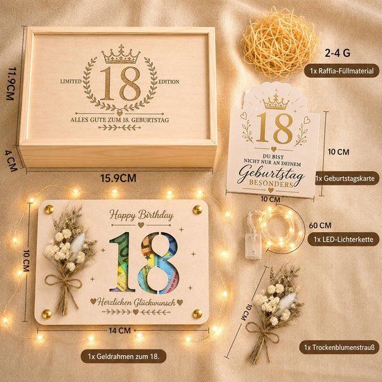 Geldgeschenken voor de 18e verjaardag van hout, verpakking met gelframe, gedroogde bloemen, cadeau voor 18e verjaardag, meisjes en jongens, verjaardagscadeau voor volwassenheid — afbeelding 4
