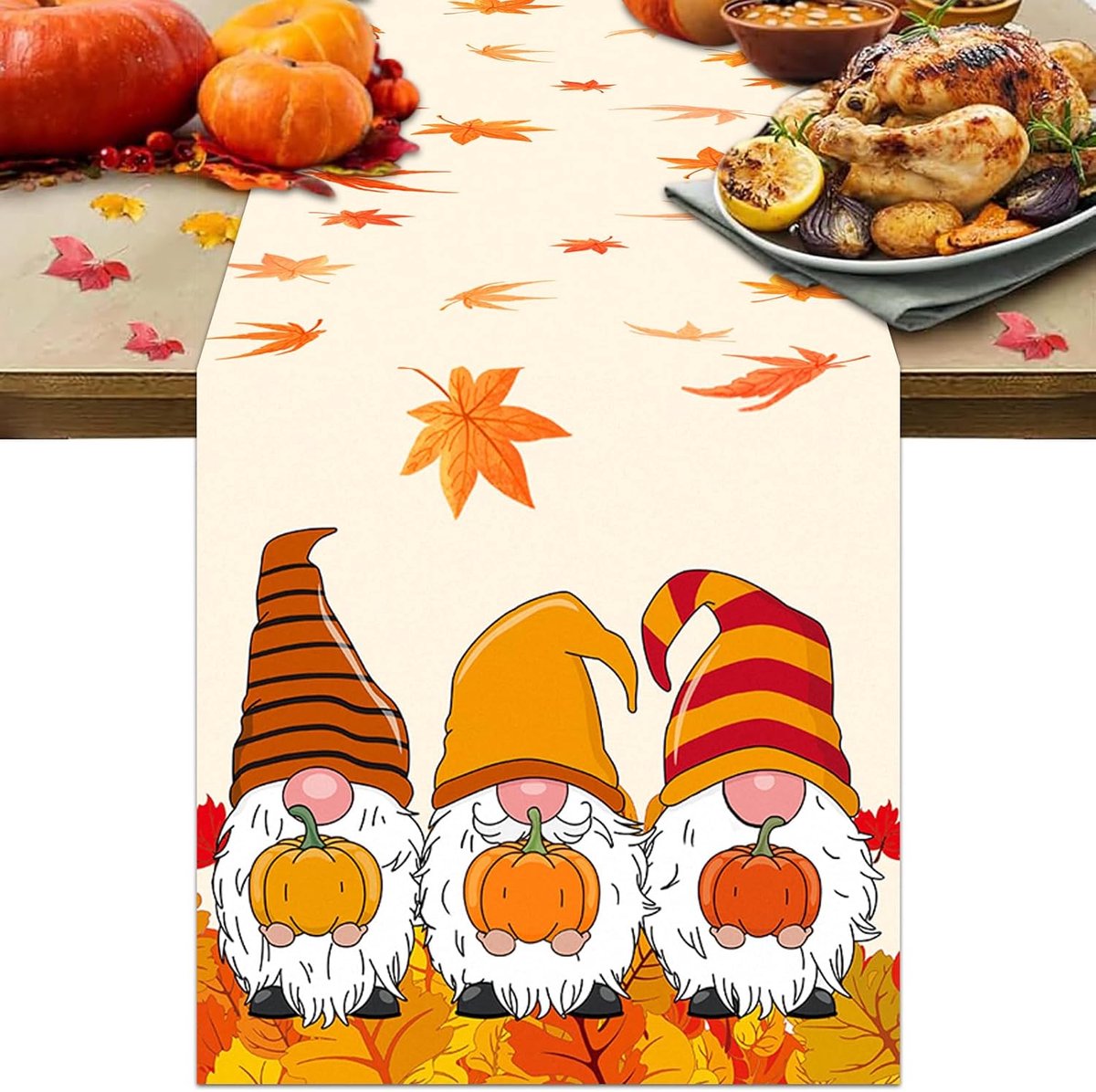 Tafelloper herfst, tafelloper kabouter herfst, tafelkleed herfst, herfstloper, tafelloper kabouter, 180 × 35 cm, herfstdecoratie binnen voor woonkamer, keuken, eetkamer, feest