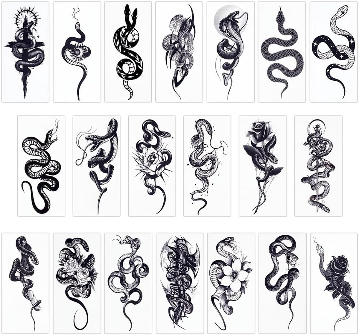 Tijdelijke slangentatoeages, zwart, slangenpapier, tijdelijke verwijderbare tatoeagestickers, waterdicht, langhoudende make-up tattoostickers voor lichaam, armen, hals, rug, benen