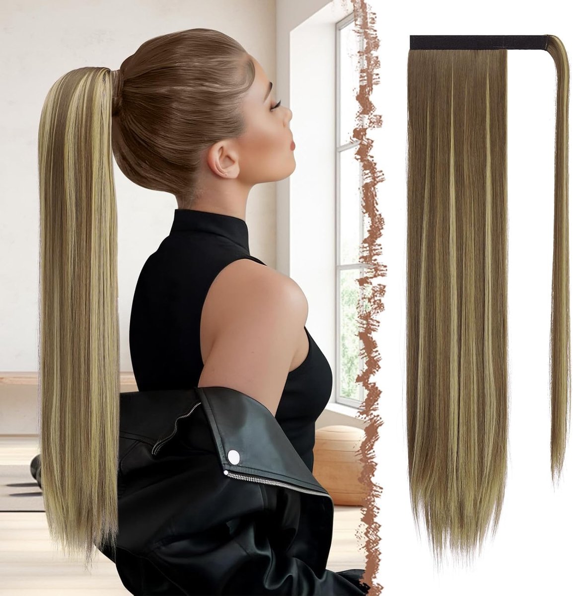 Rechte Lange Wikkel Rond Paardenstaart Extensions 70cm Synthetisch Haar stuk clip in ponytail haarstukje Haarextensies voor vrouwen, Lichtbruin & Blond