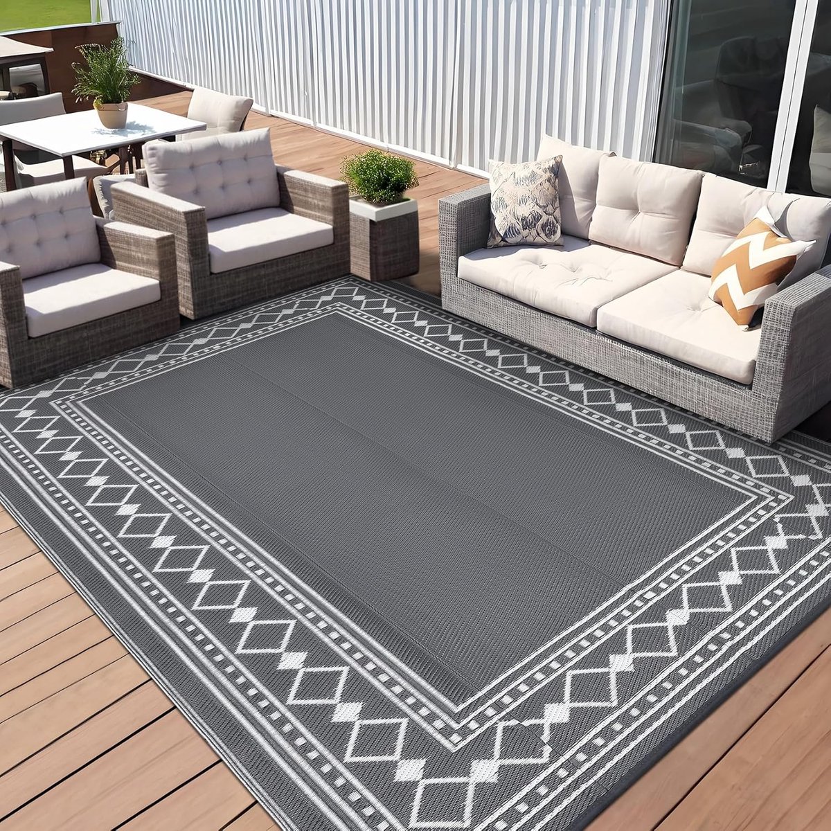 Grote waterdichte buitenmat van kunststof stro, omkeerbaar, modern, geometrisch, voor terras, gemakkelijk schoon te maken, buitenmat voor zwembad, tuin, grijs, 9 x 12 inch (22,9 x 30,5 cm)