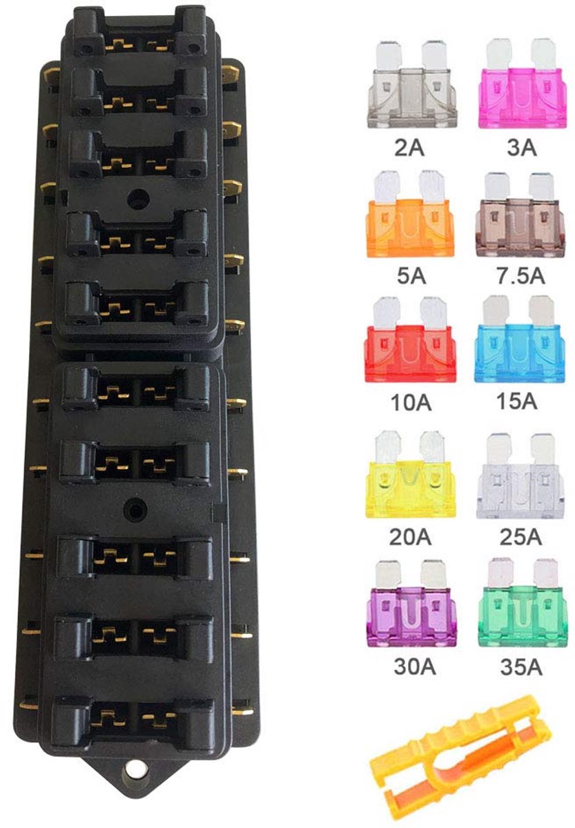 10-voudige zekeringhouder, 12 V / 24 V / 32 V / 48 V universele standaard blade zekeringkast, zekeringdoos, zekeringblok, met vochtbestendige afdekking en 10 stuks platte zekeringen