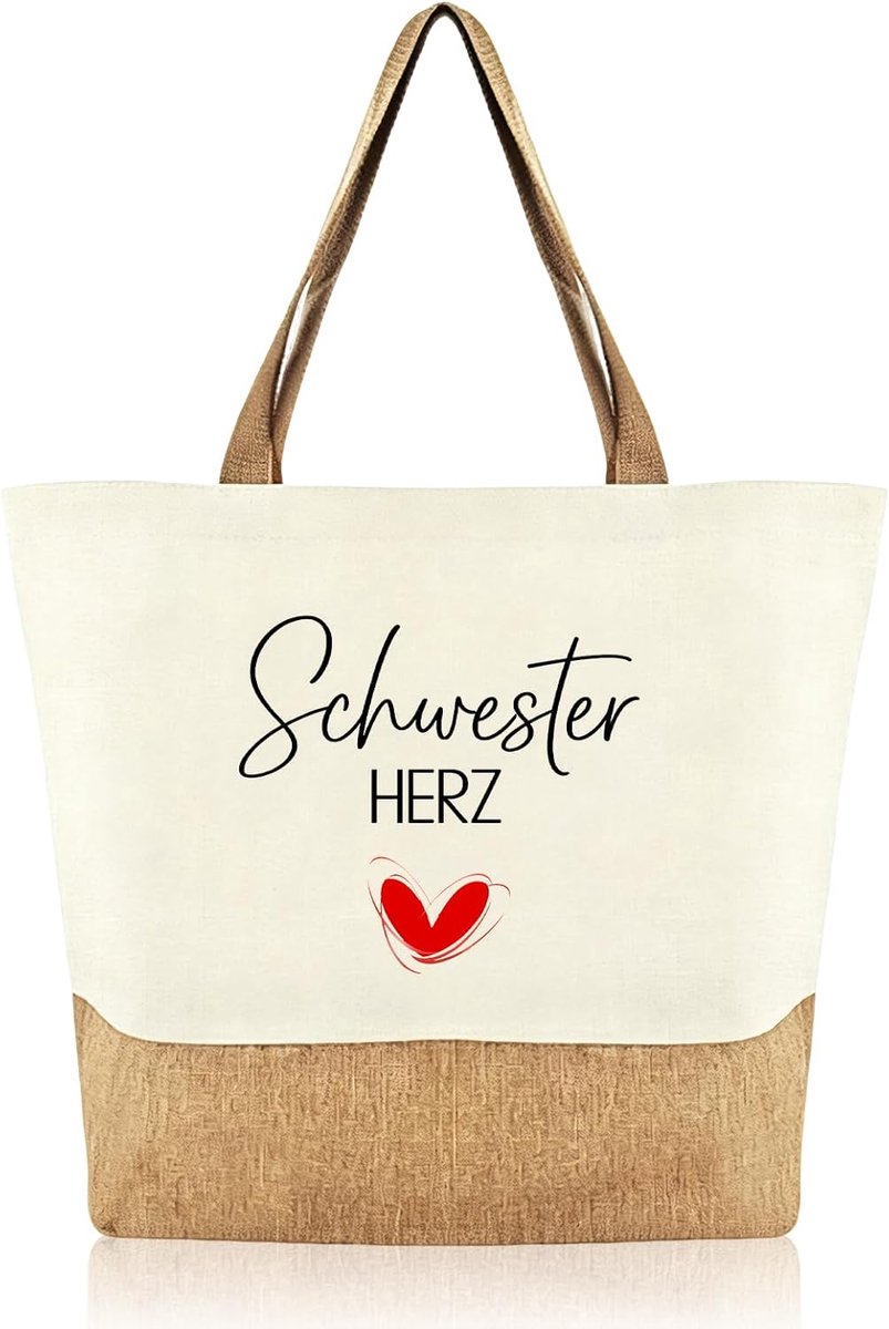 Zus draagtas 1 stuk met zus cadeau hart motief, stoffen tas met handgrepen, grote boodschappentas voor verjaardag, Kerstmis, dagelijks gebruik, winkelen, reizen, werk, universiteit en vrije