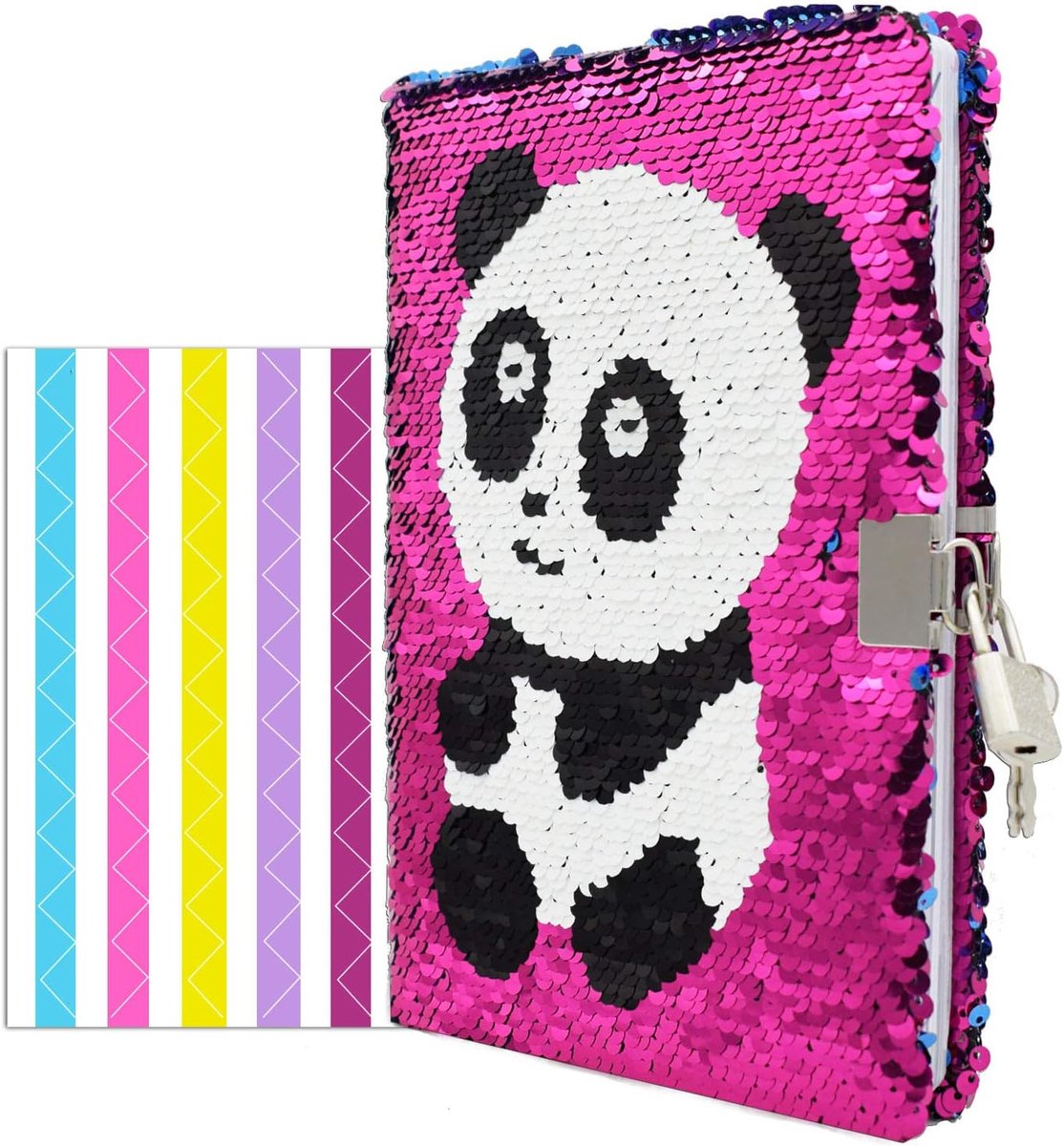 Pailletten Notebook Dagboek met Lock en Sleutel Gevoerd Travel Journal w/Foto Hoek voor Kid Girls, Maat A5 (215 x140mm), 156 Pagina's, Regenboog naar Zilver (roze rode panda)