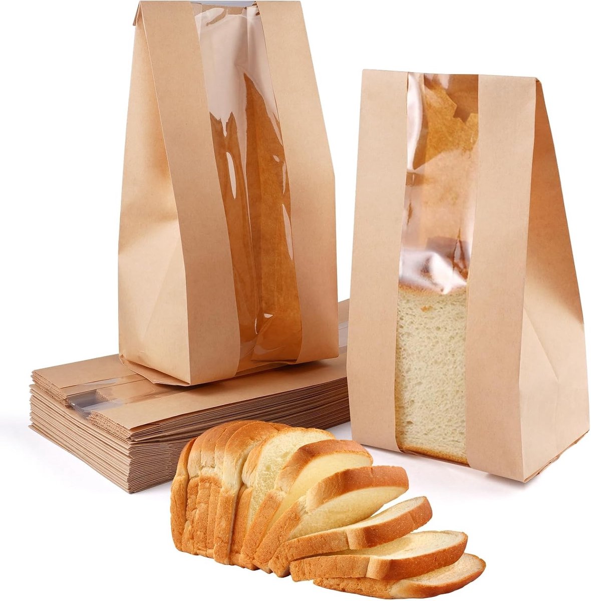Papieren Broodzakken - Bruin - 26 x 12 x 9 cm - Kraftpapier met Transparant Venster - Voor Zelfgemaakt Brood en Gebak