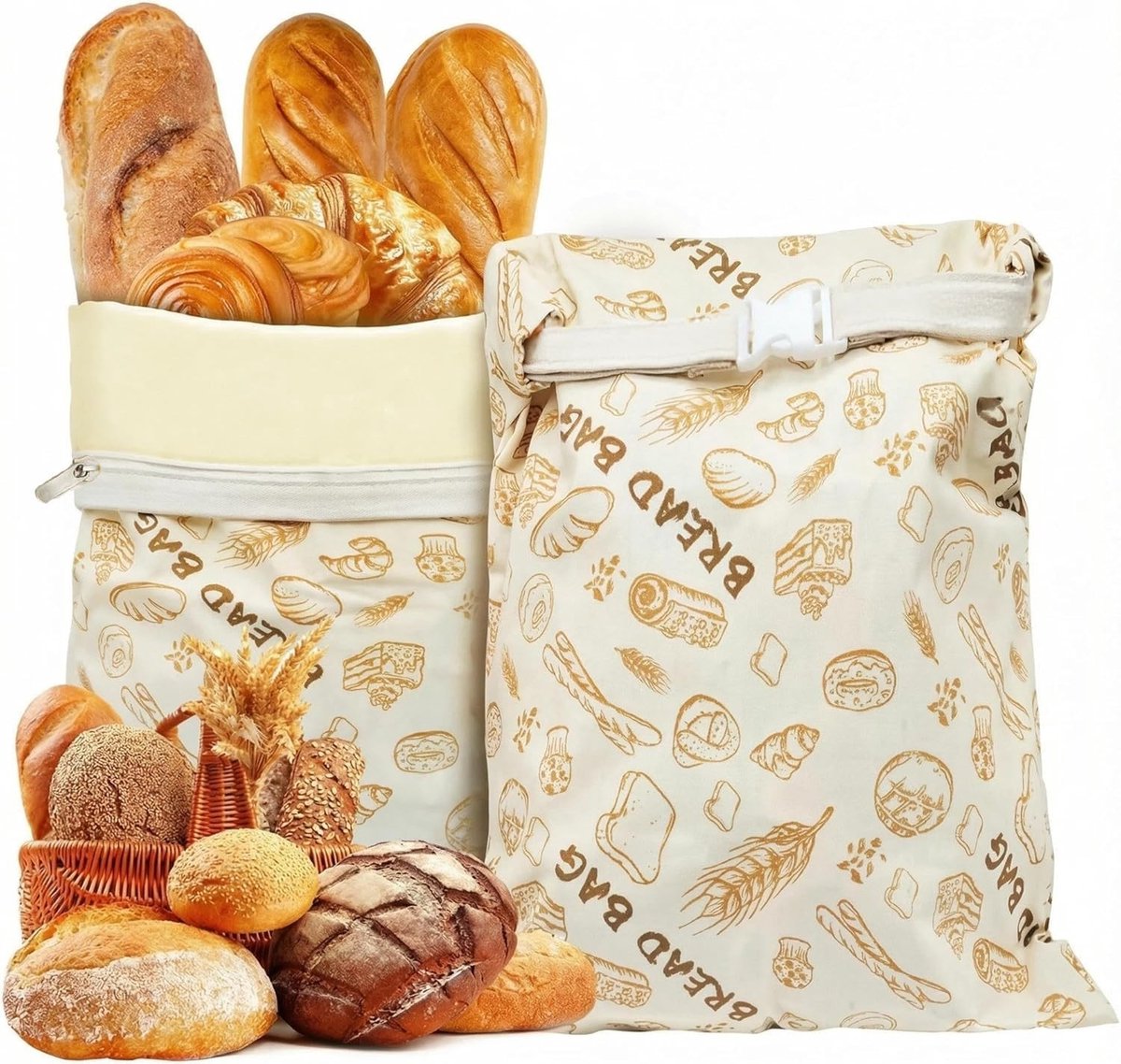 Bijenwas Broodzakken - Natuurlijke Katoen-Linnen - 43 x 33 cm - Herbruikbare Opbergzakken voor Brood en Bakwaren