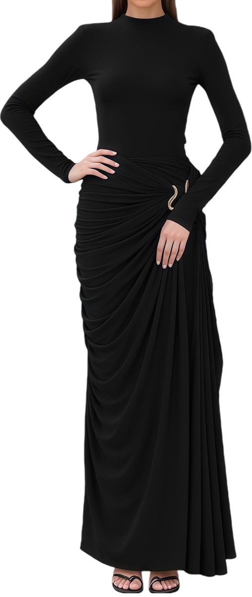 SolidKeus - Elegante Maxi Jurk voor Vrouwen met Lange Mouwen en Zijde Slits