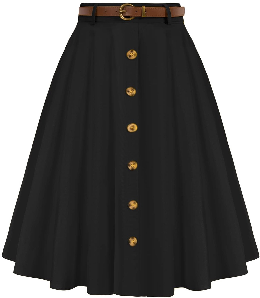 SolidKeus - Vintage Stretch Hoge Taille A-lijn Flared Midi Rok met Zakjes en Ceintuur