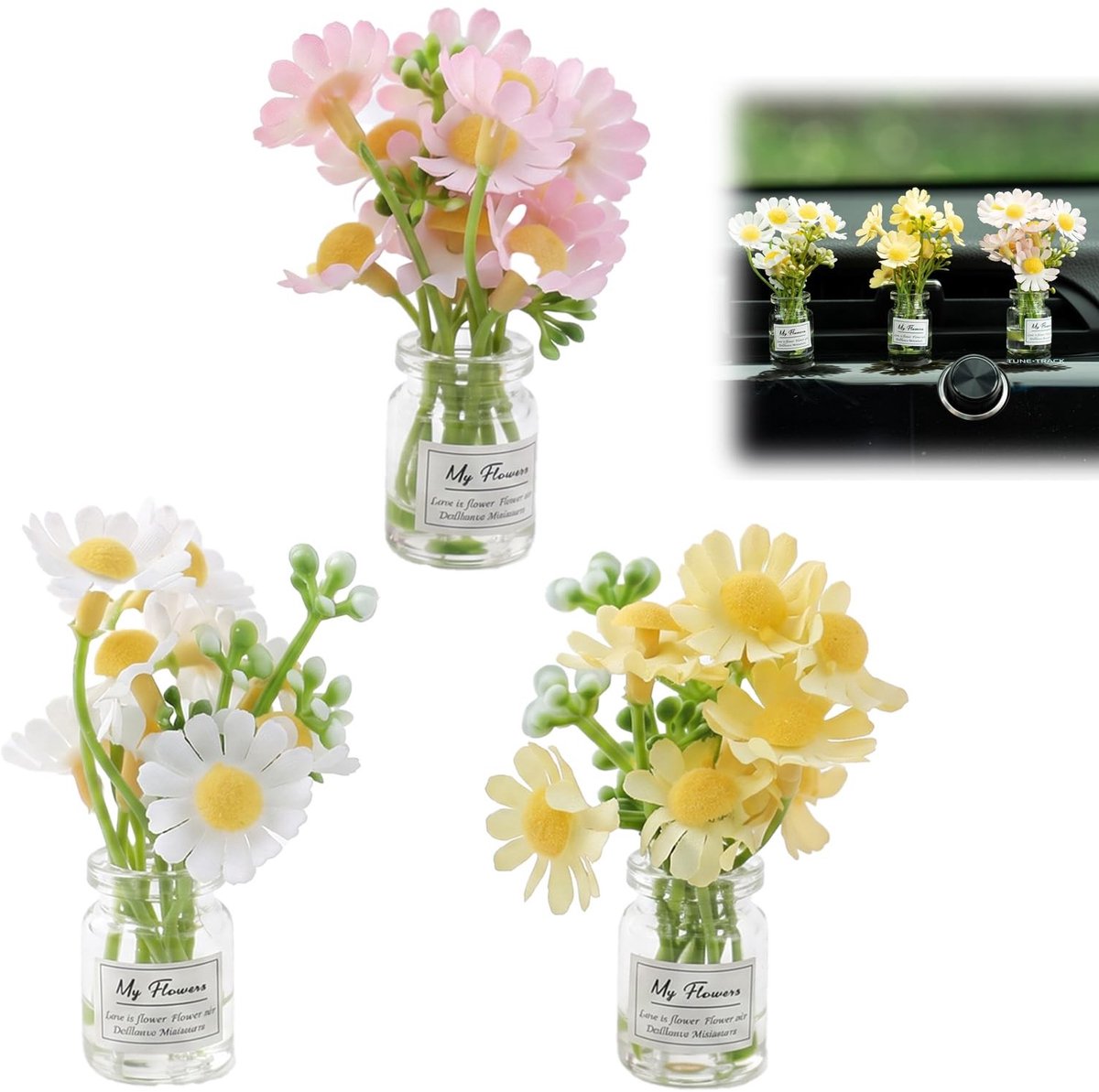SolidKeus - Set van 3 Mini Kunstbloemen voor Autodecoratie