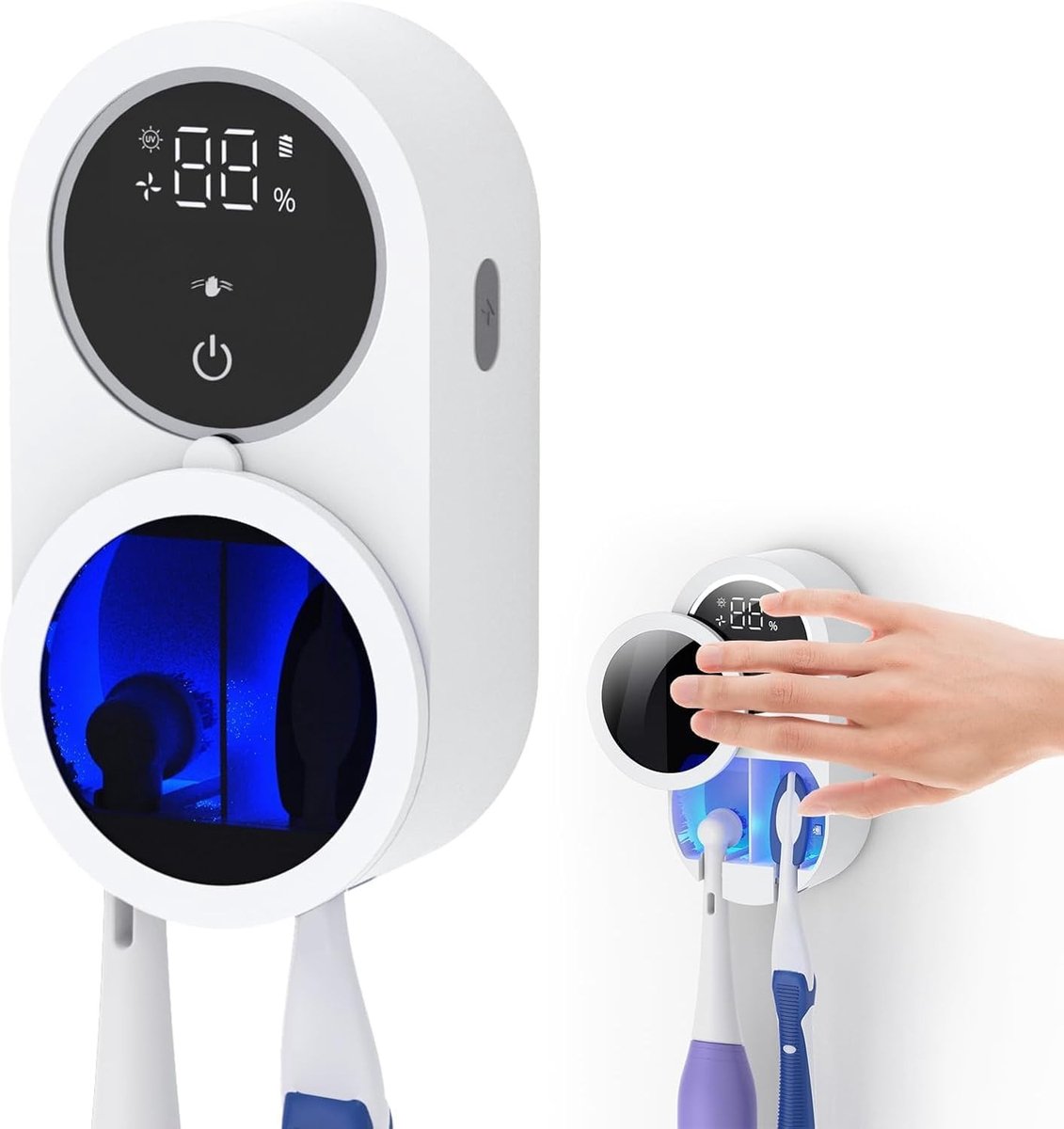 Wandgemonteerde Tandenborstelhouder met Drogen - Wit - Voor Elektrische en Handborstels - Met UV-C Desinfectie en LED-Display