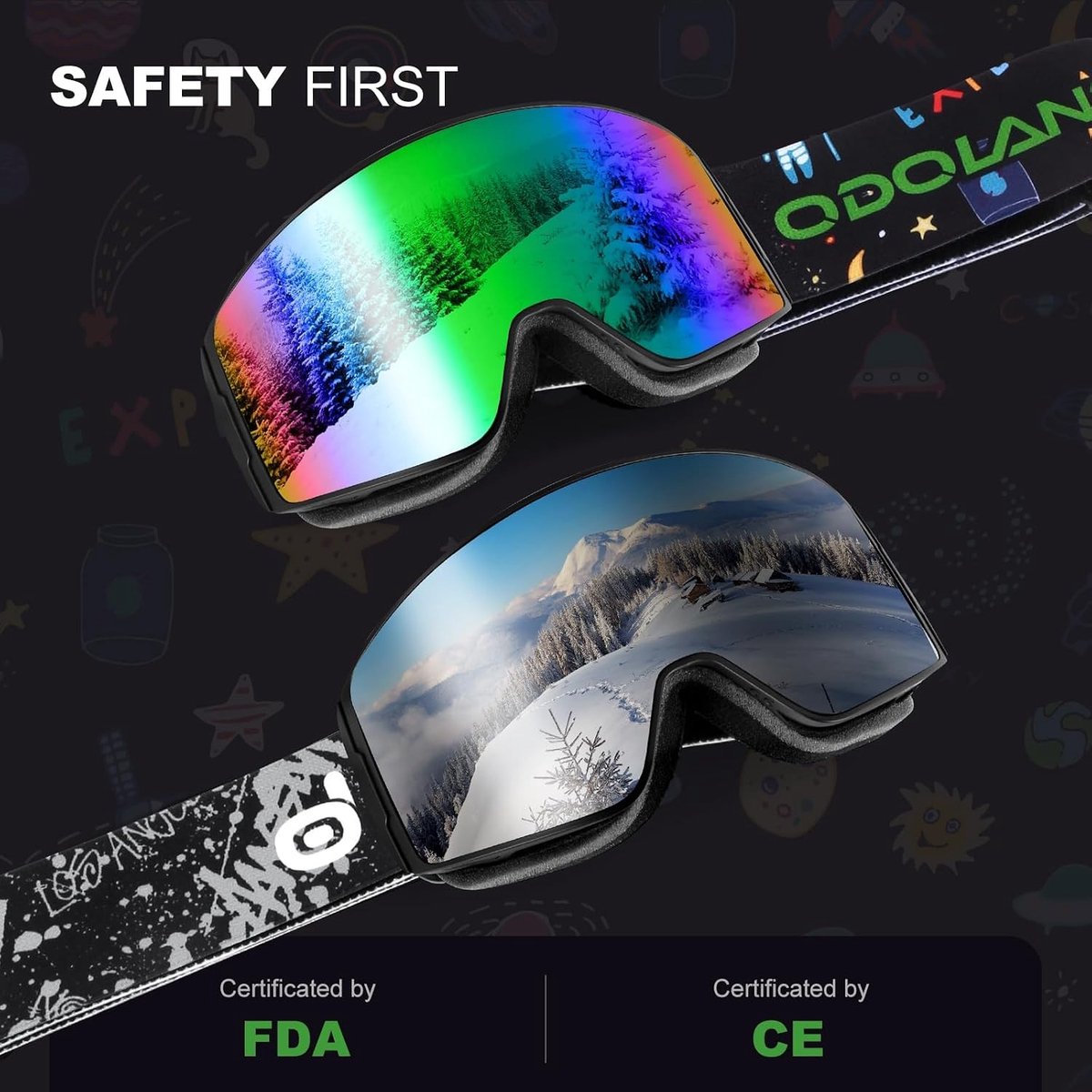 Ski- en snowboardgoggles voor kinderen en tieners, anti-fog, UV-bescherming en helmcompatibel