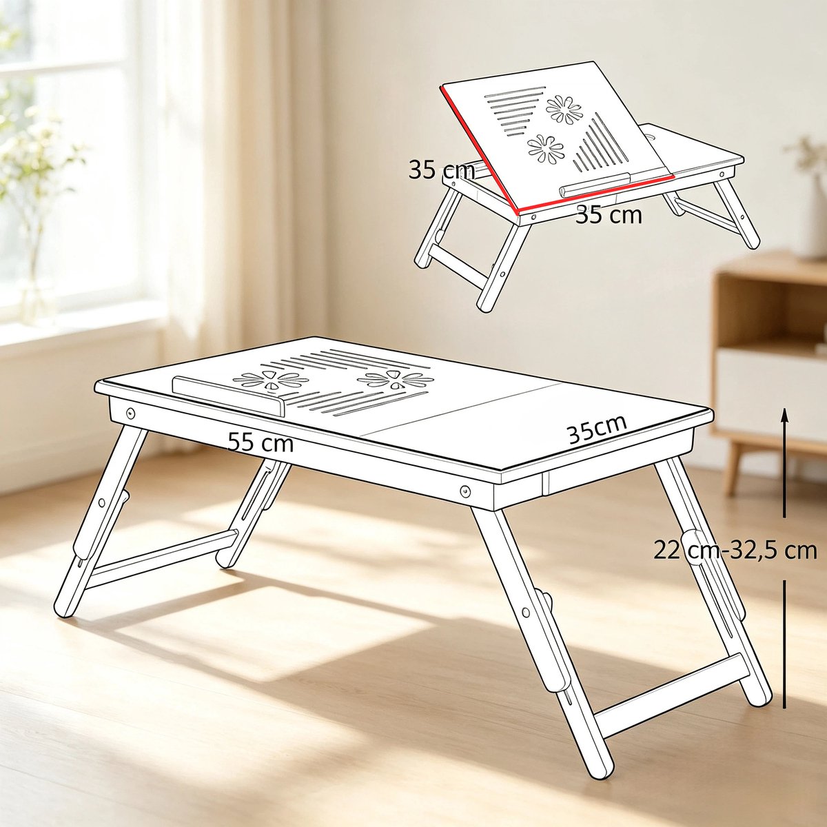 FloraGrace Bedtafel - Opklapbaar Hoogteverstelbaar En Kantelbaar Met Lade - Voor Bed En Bank - Bamboe - Naturel - 55 X 35 Cm