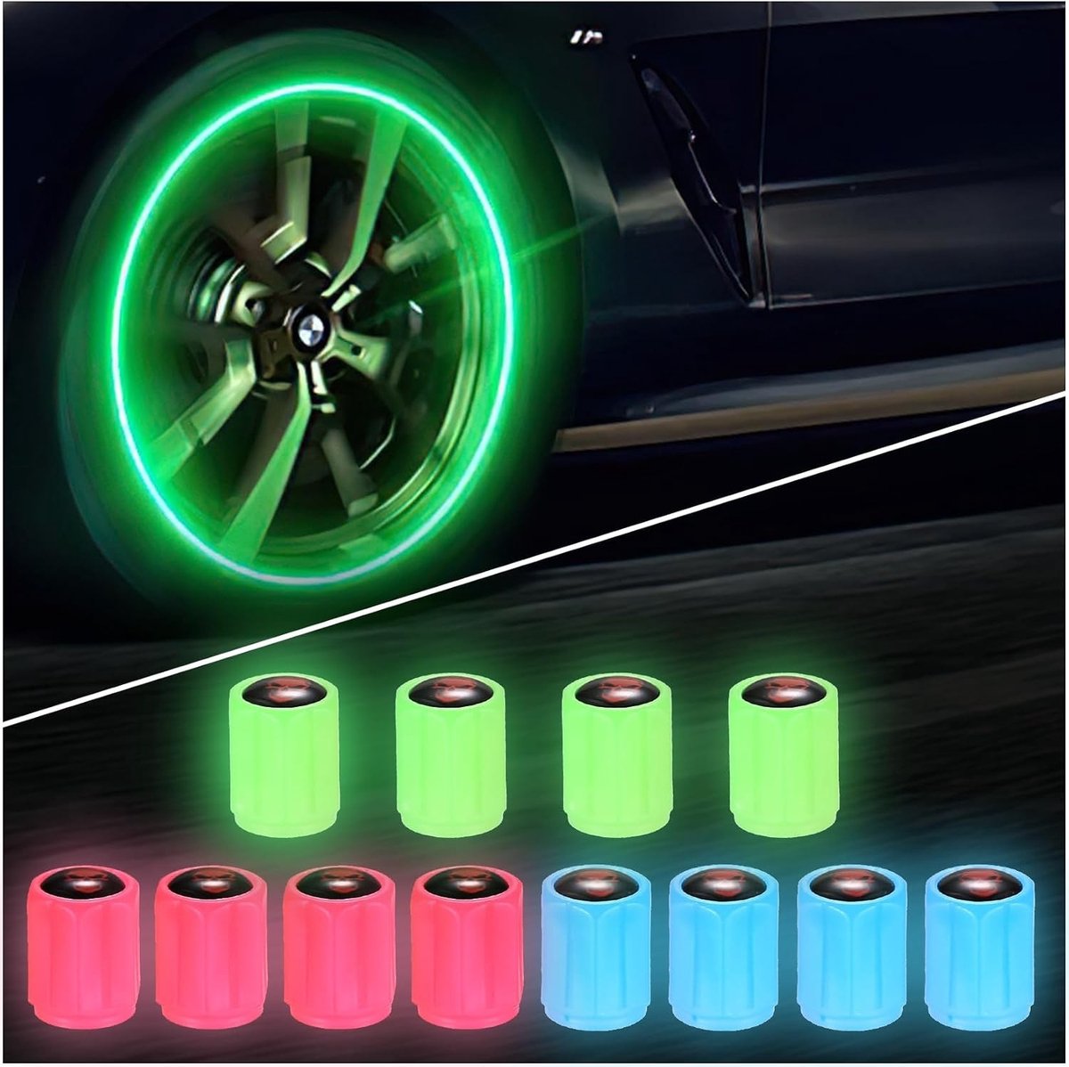 Fluorescerende Ventieldoppen voor Auto Banden, Set van 12 in Rood, Groen en Blauw, Duurzaam ABS Materiaal, Skulldesign, Geschikt voor Personenauto's en SUV's