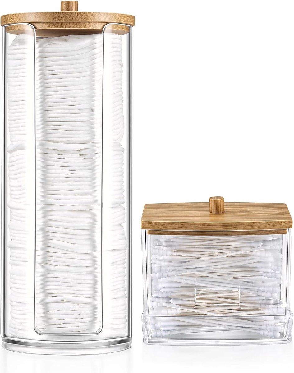 Dumbbell Wattestäbchen Set met Bambusdeksel, Transparante Organizer voor Make-up en Wattenpads, Ideaal voor Badkamer en Schoonheid