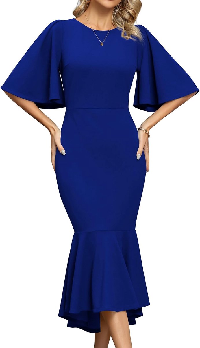 Cocktailjurk, feestelijke zeemeermin, bodycon, ronde hals, uitlopende korte mouwen, nauwsluitend, midi-bal