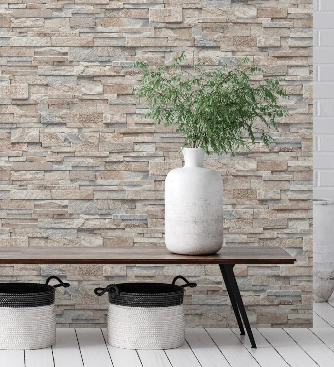 Behang, wasbaar, steenlook, gestructureerd, reliëf, voor muur, woonkamer, keuken, badkamer, hal - patroon DIN A4