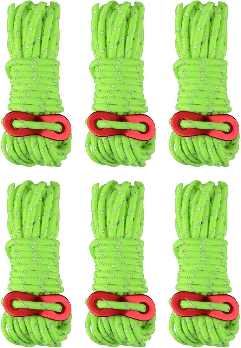 Reflecterende spandraden met lijnspanner 4m, Φ 4mm nylonkoord paracordtouw voor tent, tentzeil, camping (fluorescerend groen)