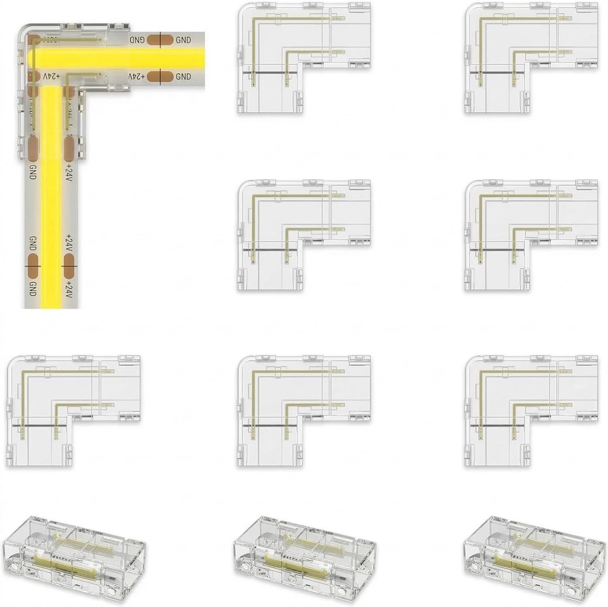 COB LED Strip Connector, 10-delige Herbruikbare Strip-naar-Draad Connector Set, 2 Transparante Middenconnectoren, 8 L-vormige Connectoren voor Naadloze Soldeervrije Installatie