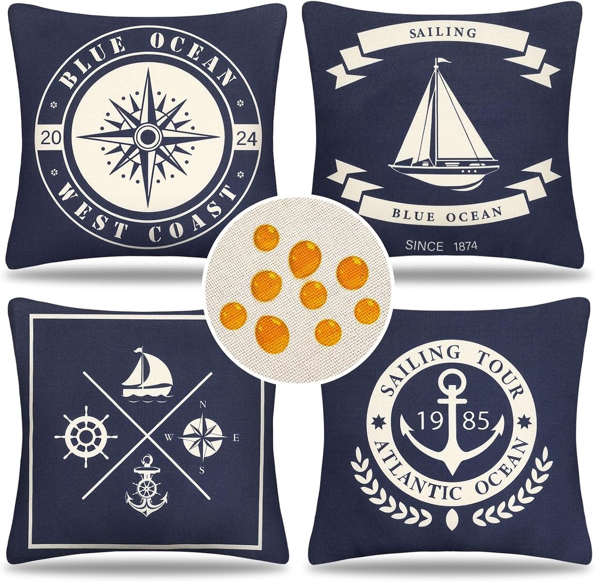 Kussenslopen, 45 x 45 cm, waterdicht, outdoor, zomer, nautisch patroon, marineblauw, decoratieve kussenhoezen van linnen, kussenslopen voor modern meubels, bed, woonkamer, stoel