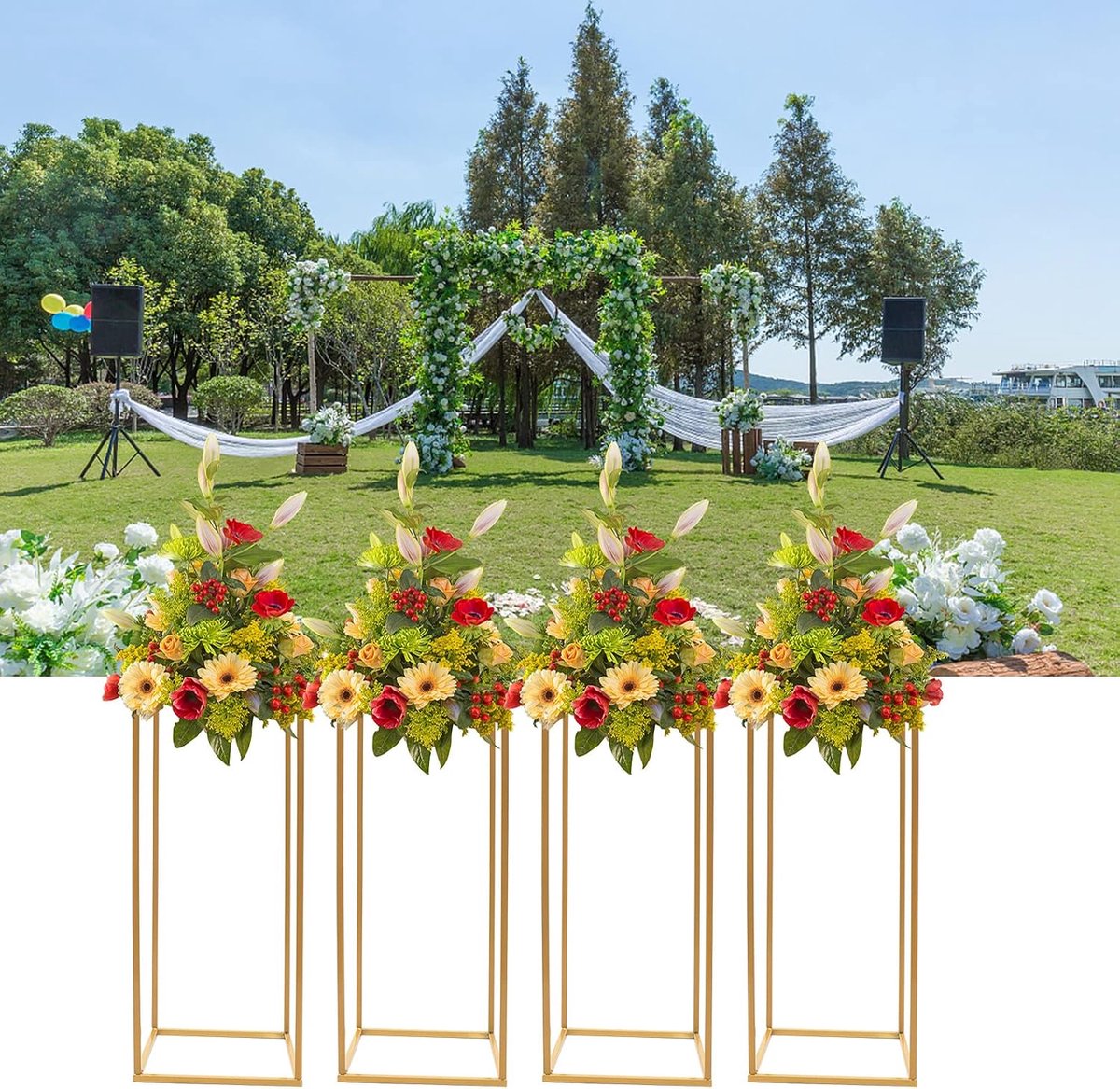 4 stuks Gouden bruiloft middenstukken Gouden vazen Hoge bloemstandaard Metalen vloervaas Geometrische middenstukken Rechthoekige displayrek voor bruiloften, feestdecoratie 24x24x60cm