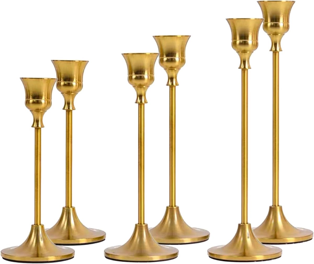 Kandelaar - 6 STKS Kandelaar Houders Messing Kaars Stok Houders, Vintage Decor van LED/Pillar Kaars voor Bruiloft Decoratie Party Kerk Geestelijke Dinning Verjaardag Nieuwe Huis Gift