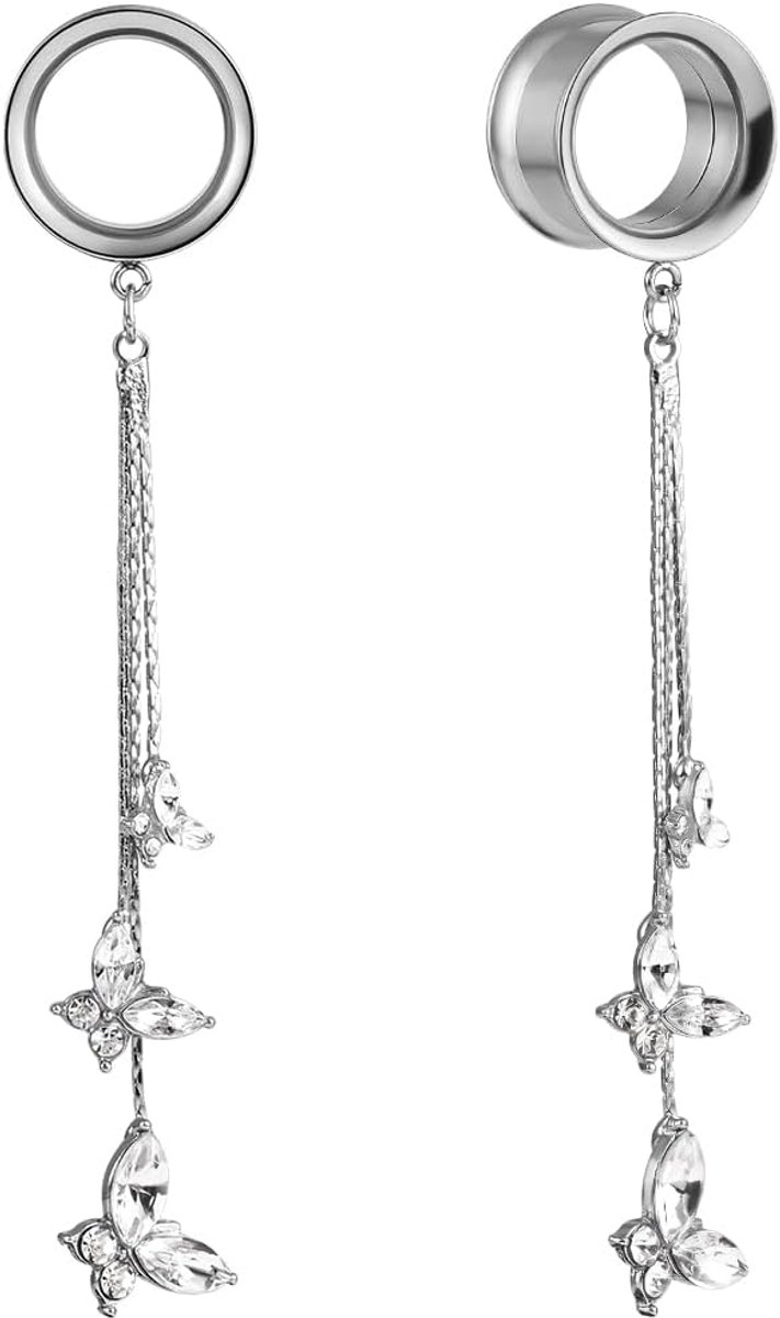 Plugs met hanger, 1 paar single flared flesh dehner glitter wit zirkoon roestvrij staal voor mannen en vrouwen oorpiercing stretchsieraad voor oren 6 mm tot 16 mm