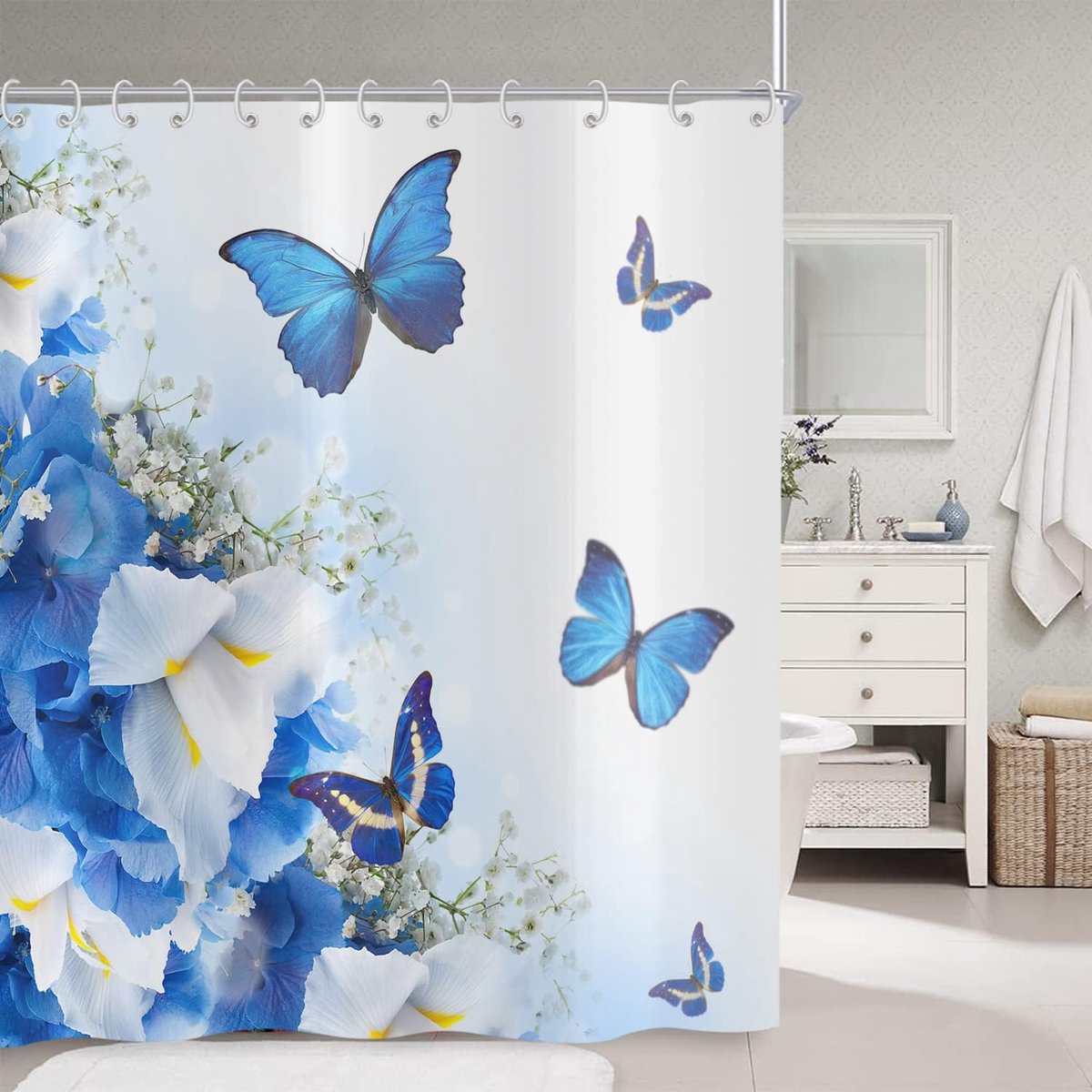 Douchegordijn 180 x 180, bloem en vlinder natuur droom fantasie tuin badkamer gordijnen met haken waterdichte polyester stof wasbare douchegordijnen voor natte kamer