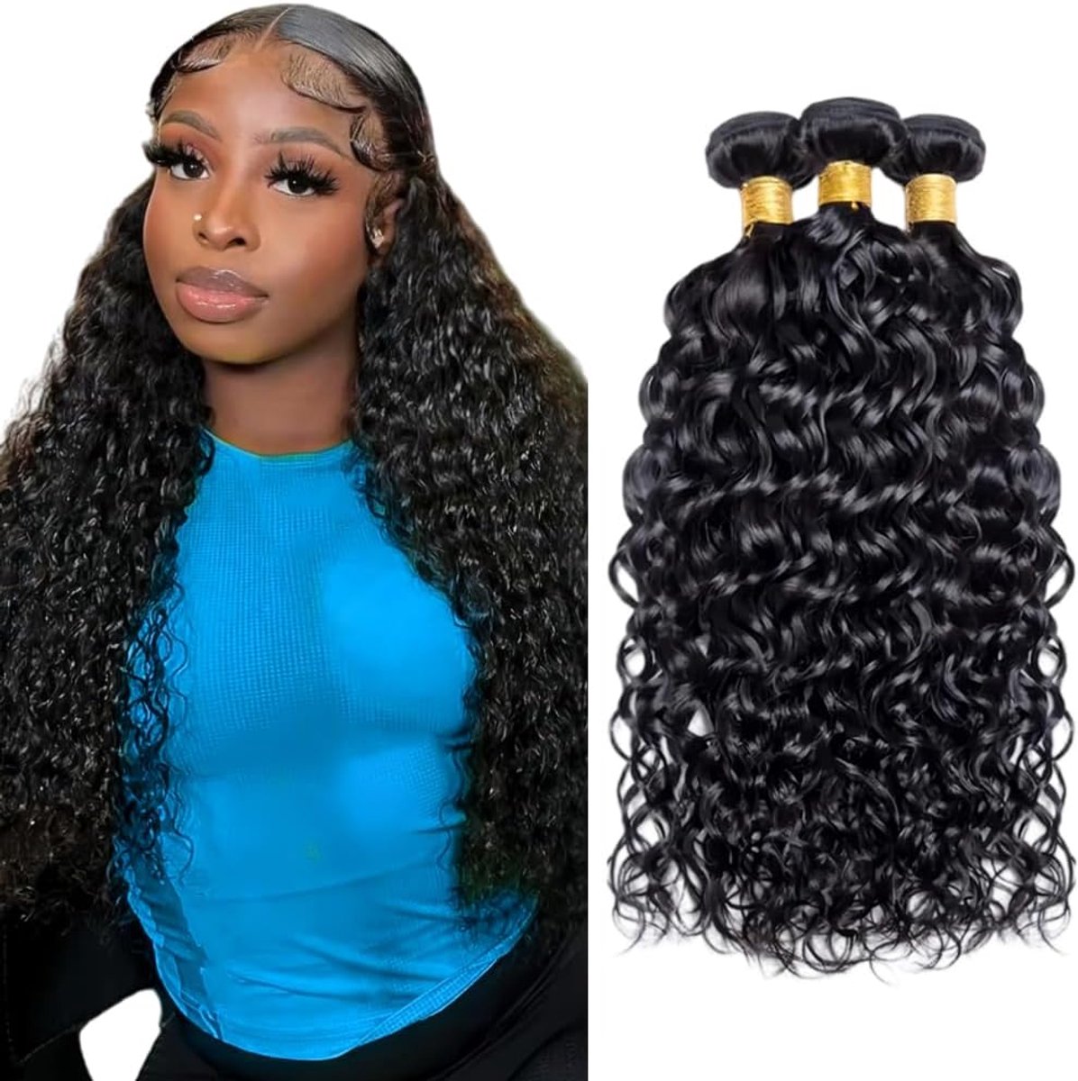 26 28 30 Inch Water Wave Bundles Human Hair #1B Natural Black Haarverlenging Unprocessed Double Weft Weave Brazilian Remy Virgin Human Hair Extension 100g/bundle Total 300g