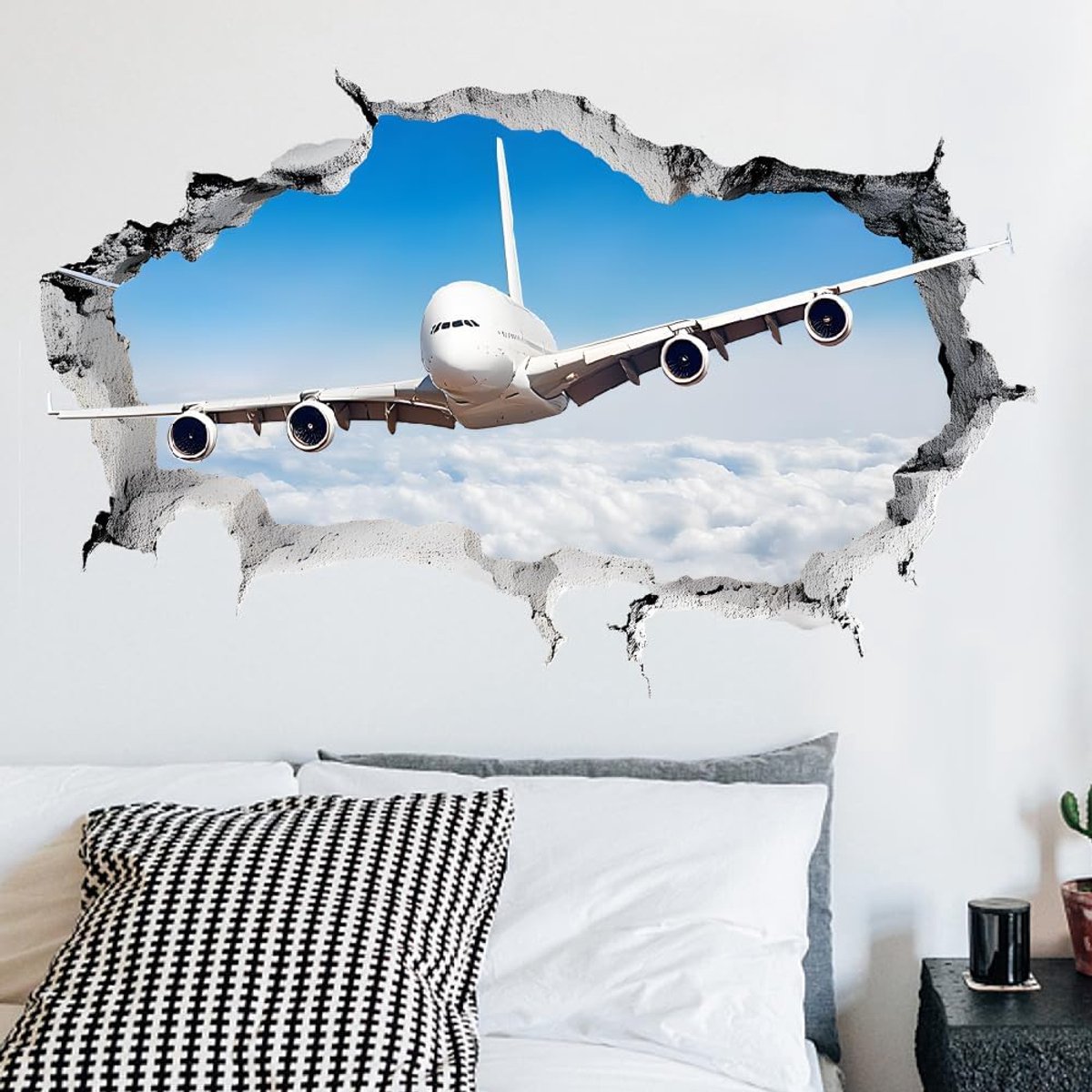 3D Vliegtuig Muursticker Vliegtuig Doorbreken Muursticker Thuis Peel en Stok Groot Maat Vinyl Art Mural voor Jongens Kamer Slaapkamer Woonkamer Speelkamer Decoratie Luchtvaart Liefhebbers