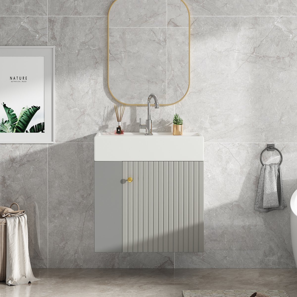 Hangend badkamermeubel met wastafel - Ruimtebesparende oplossing voor kleine badkamer - 55 cm - Lichtgrijs - Uniek 3D-reliëfpaneel - Soft-close deur met extra zijvakken - Keramisch wasbekken