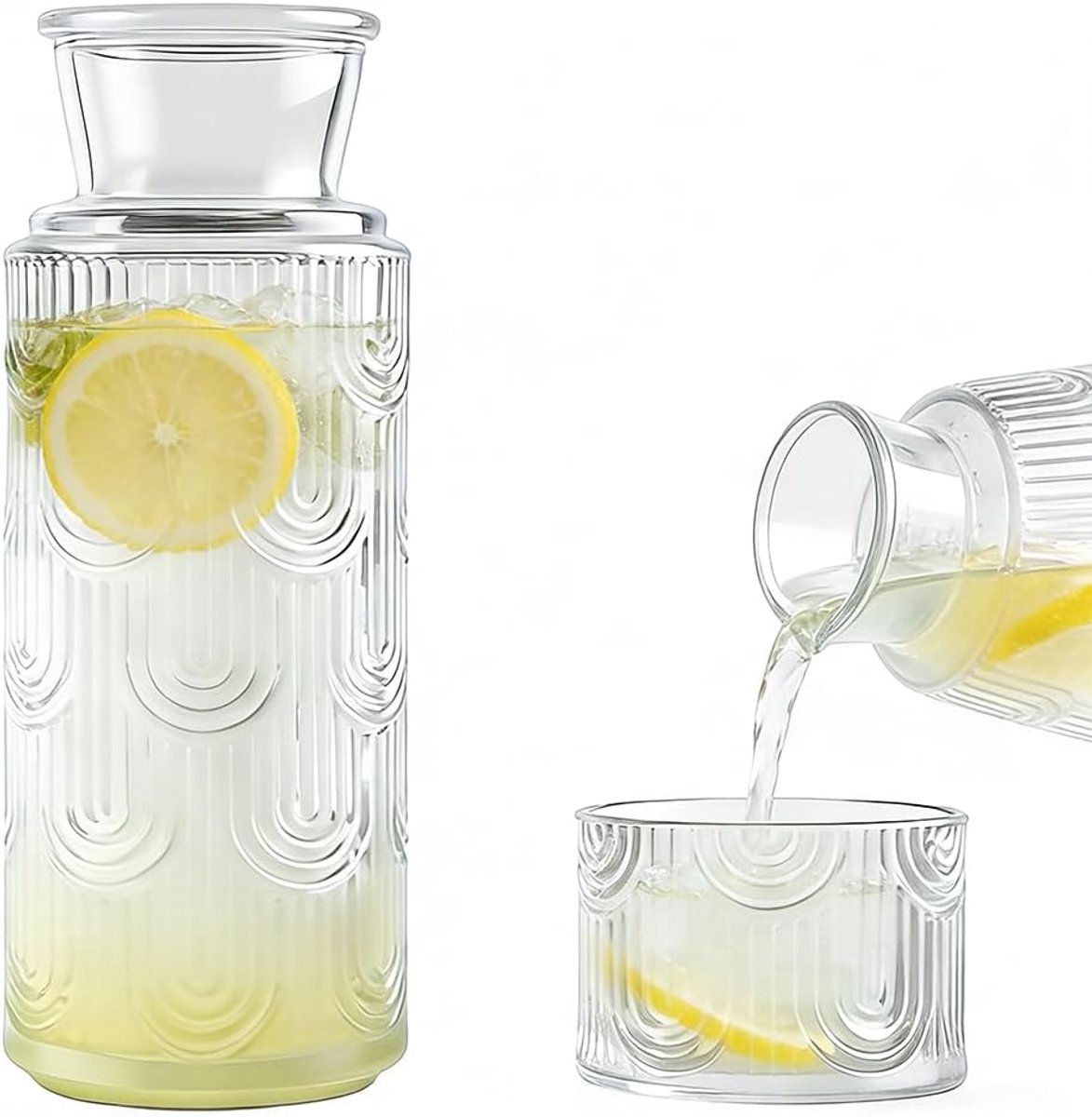 Waterkaraf met deksel van glas, glazen karaf, 820 ml + 180 ml, voor logeerkamer, nachtkastje, woonkamer, voor zelfgemaakte dranken, ijsthee, melk, koffie, wijn, T
