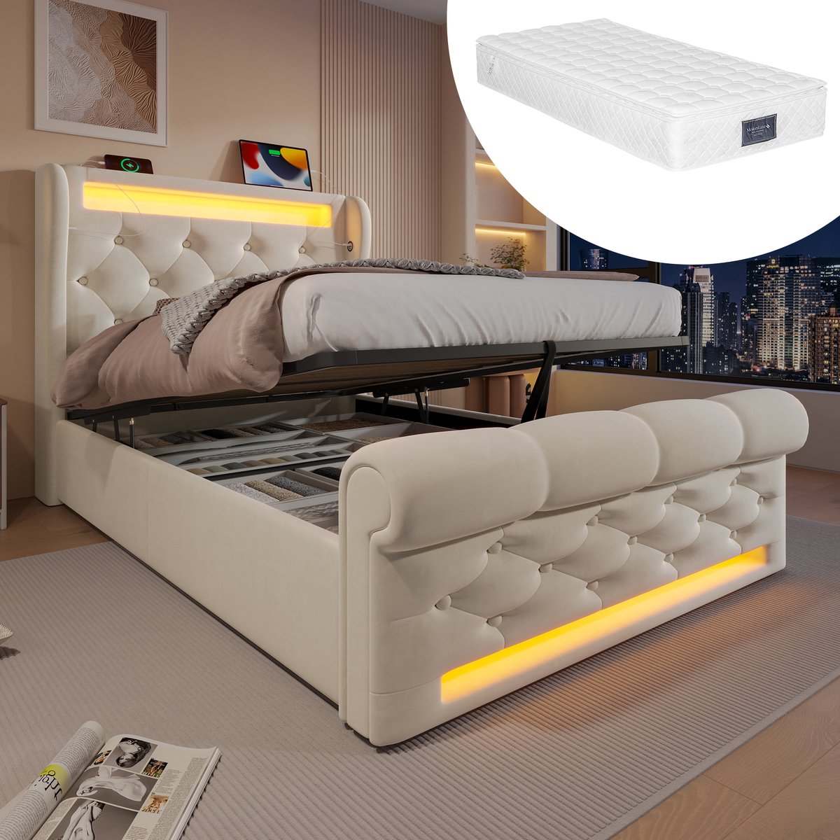 Bedframe - 90x200 Cm - Bed - Met Lattenbodem - Met Opbergruimte - LED - USB C - Beige - Met Matras