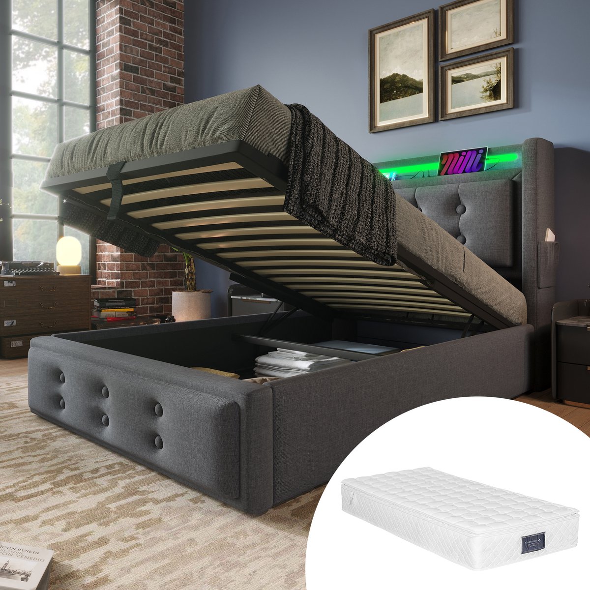 Bedframe - 90x200 Cm - Bed - Met Lattenbodem - LED - USB C - Grijs - Met Matras