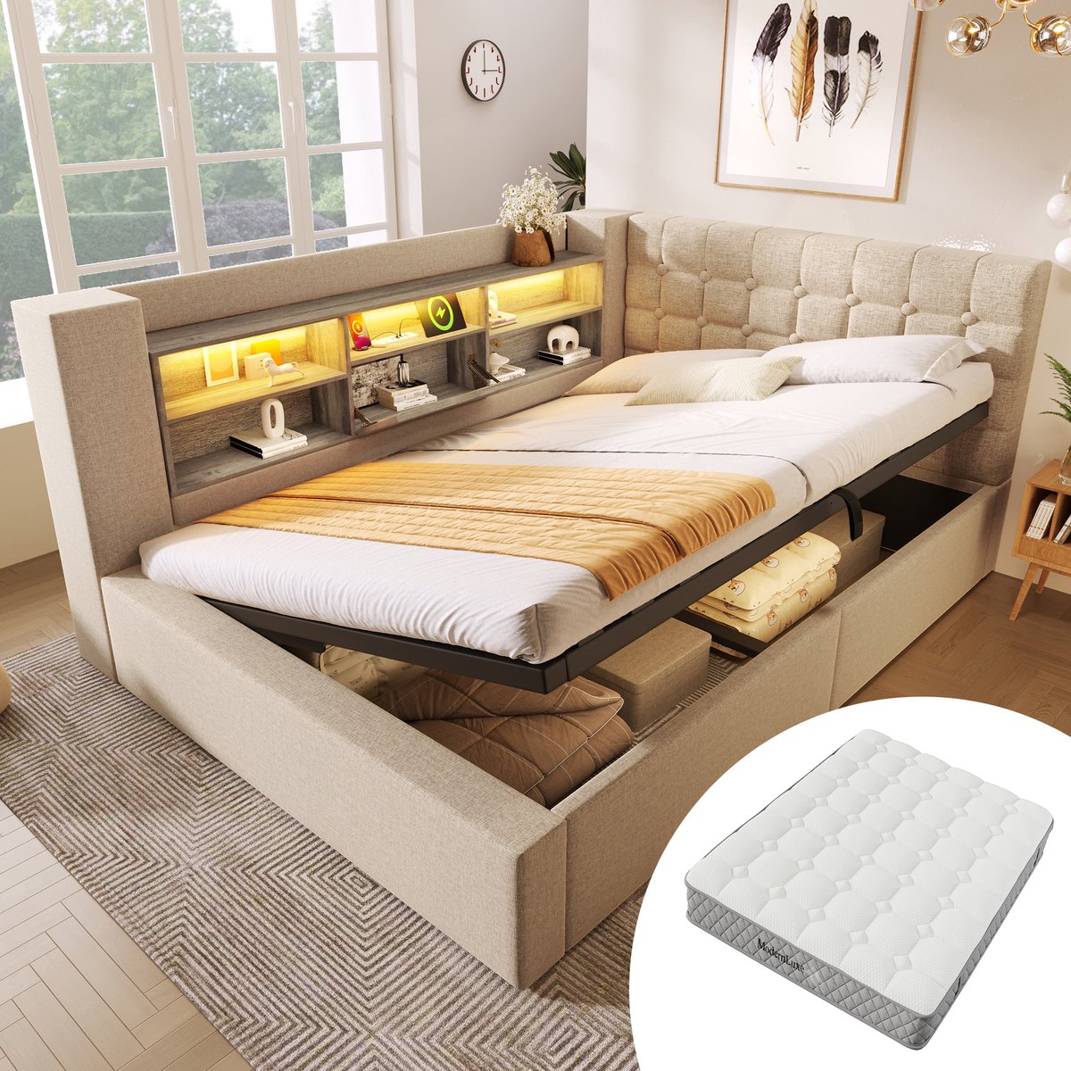 Bedframe - 140x200 Cm - Bed - Met Lattenbodem - Met Opbergruimte - LED - USB C - Beige - Met Matras