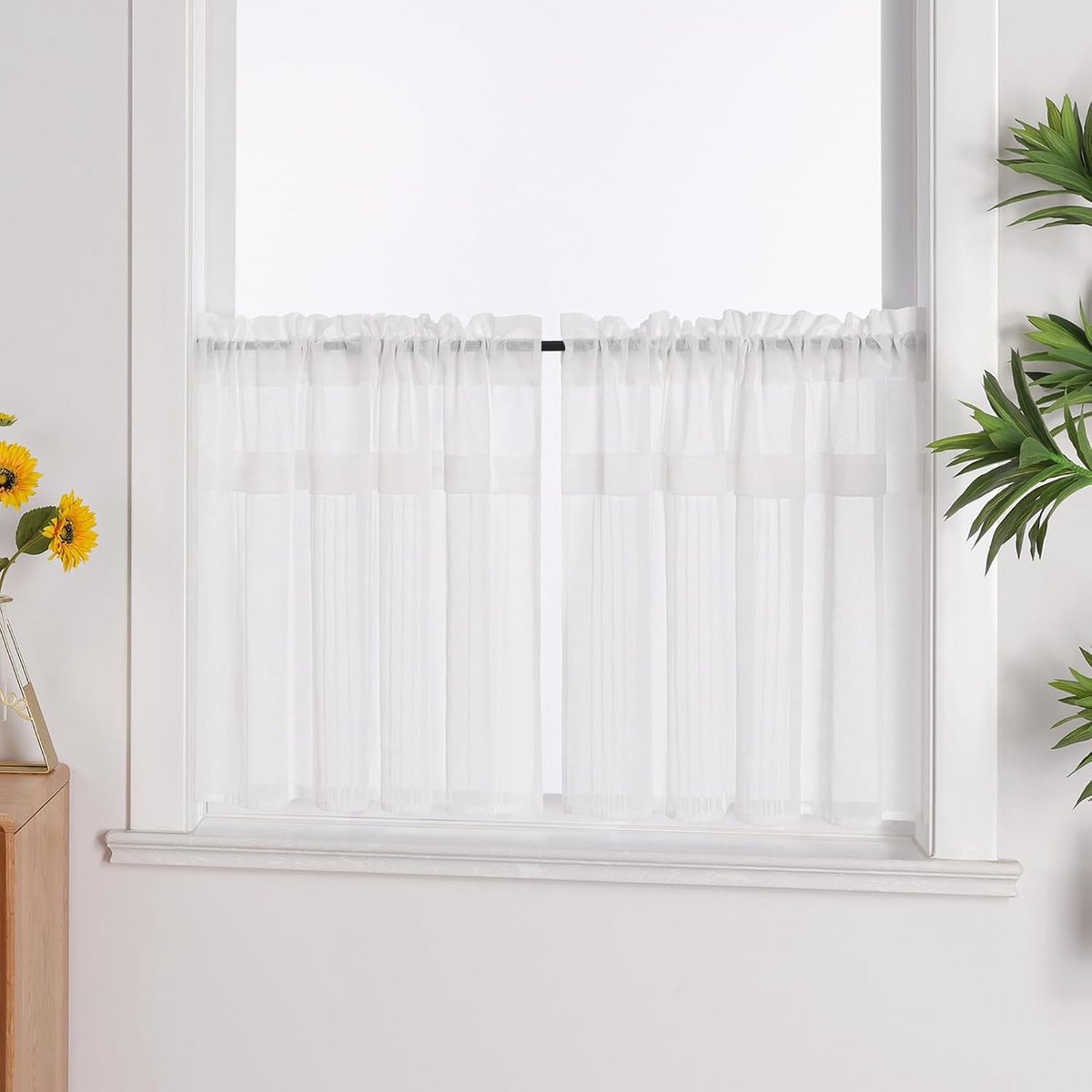 Lenni Lenni, linnenlook, vitrage, keuken, kort, wit, bistrogordijnen, wit, H x B 120 x 125 cm, 2 stuks