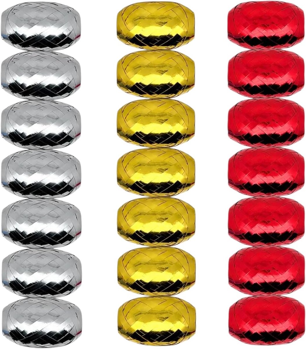 Ringband, polyband, cadeaulint, cadeaustrikken voor knutselen en verpakken, glanzend en mat gesorteerd (rood - goud - zilver, 18 rollen cadeaulint elk 10 m)