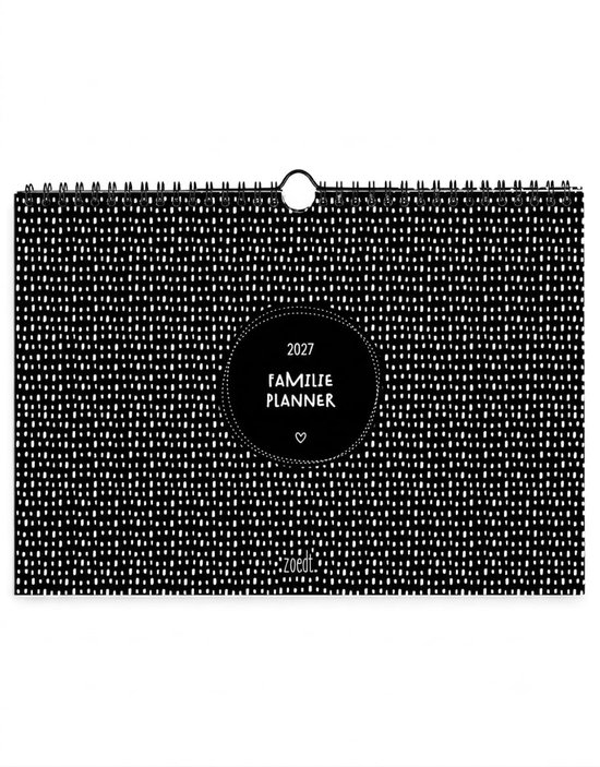 Familieplanner 2027 met zwart-wit grafische print en ringband.