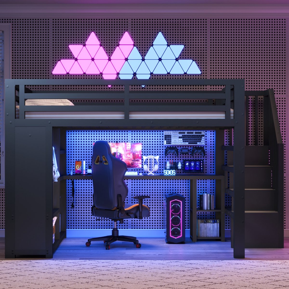 Kinderbed, Metalen Game-Hoogslaper Van 140x200 Cm Met Ledverlichting, Usb-Poort, Bureau, Open Kledingkast, Trap En Opbergvakken-Zwart